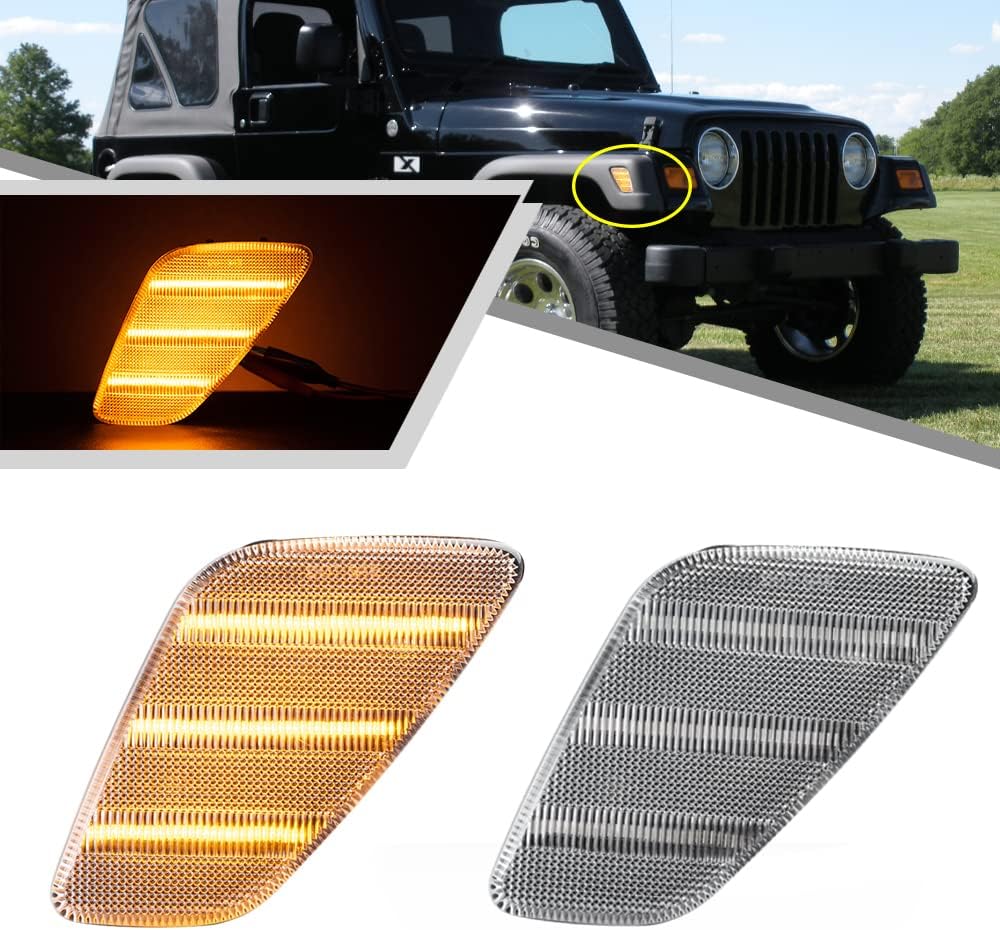 2Pcs LED Amber Side Marker Lights for J'eep Wrangler TJ 1997-2006 Front Turn Signal Light Replace OEM Sidemarker Lamp Clear Lens