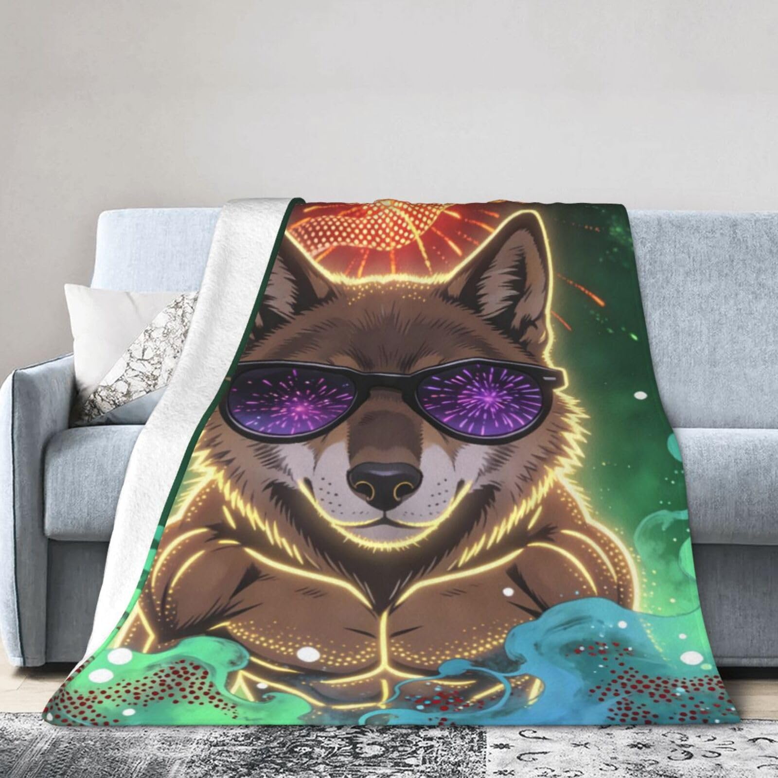 Couverture polaire loup vert fluo pour ne plus avoir froid au lit double