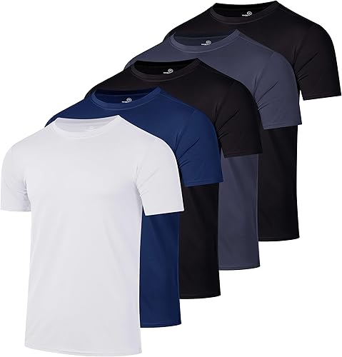 Real Essentials - Paquete de 5 Real Essentials - Camisetas de manga corta para hombre con cuello redondo y de secado rápido, atlética, para correr,
