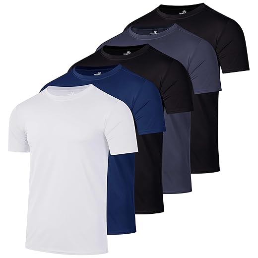 Real Essentials Pacote com 5: Camiseta masculina de manga curta e gola redonda com ajuste seco - camisetas atléticas para corrida e ginástica