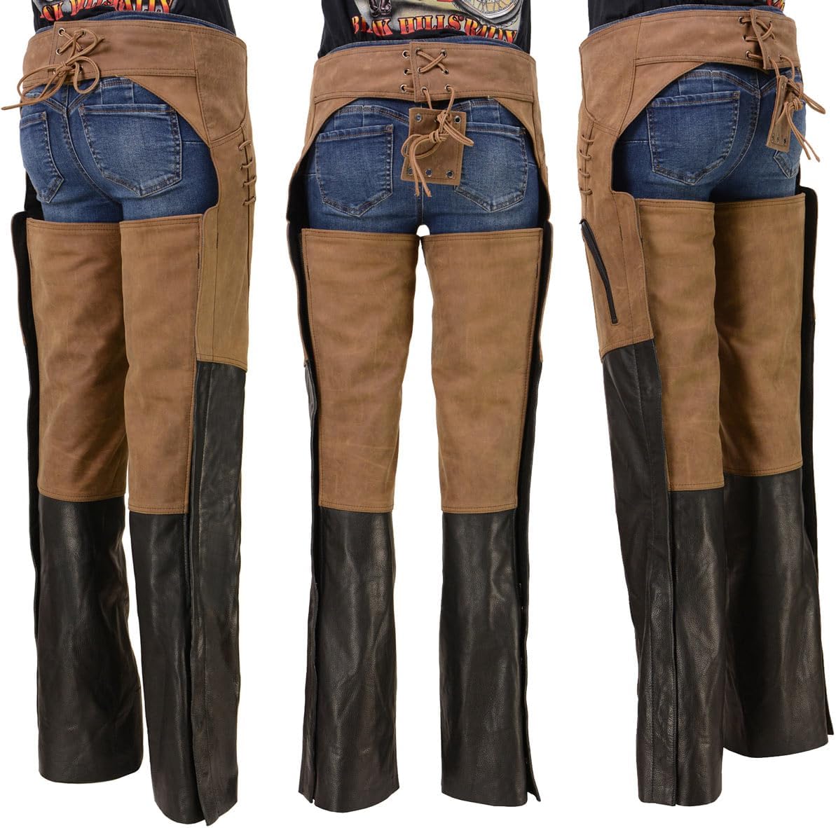 Milwaukee Leather MLL6504 Women's 2-Tone Beige with Black Motorcycle Leather Riding Chaps