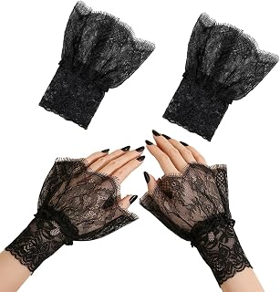 black Floral Lace Cuffs Detachable Fake Sleeves Lace Wrist Cuffs Women's Fingerless Short Lace Gloves for Hallowmas Wedding Prom Party