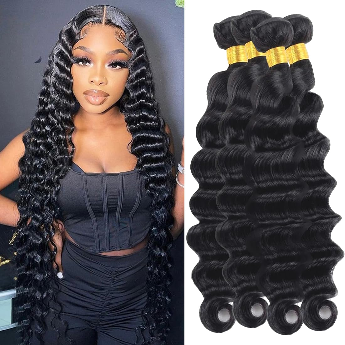 Amazon.com : Loose Deep Wave Bundles Human Hair(24 26 28 30  display picture 3