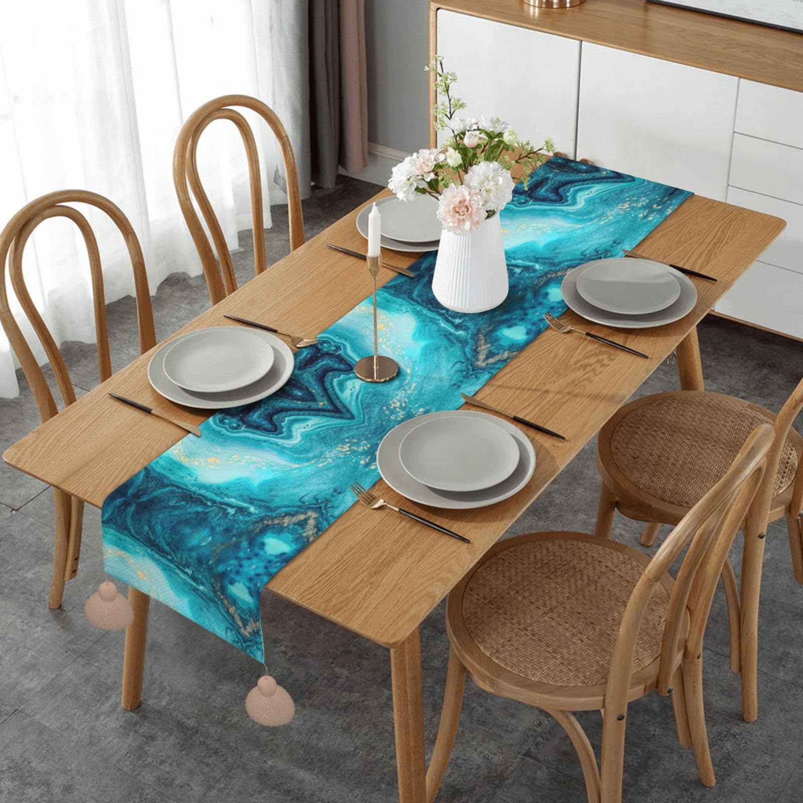 Chemin de table de Noël 152 cm marbre bleu déco Halloween et fêtes