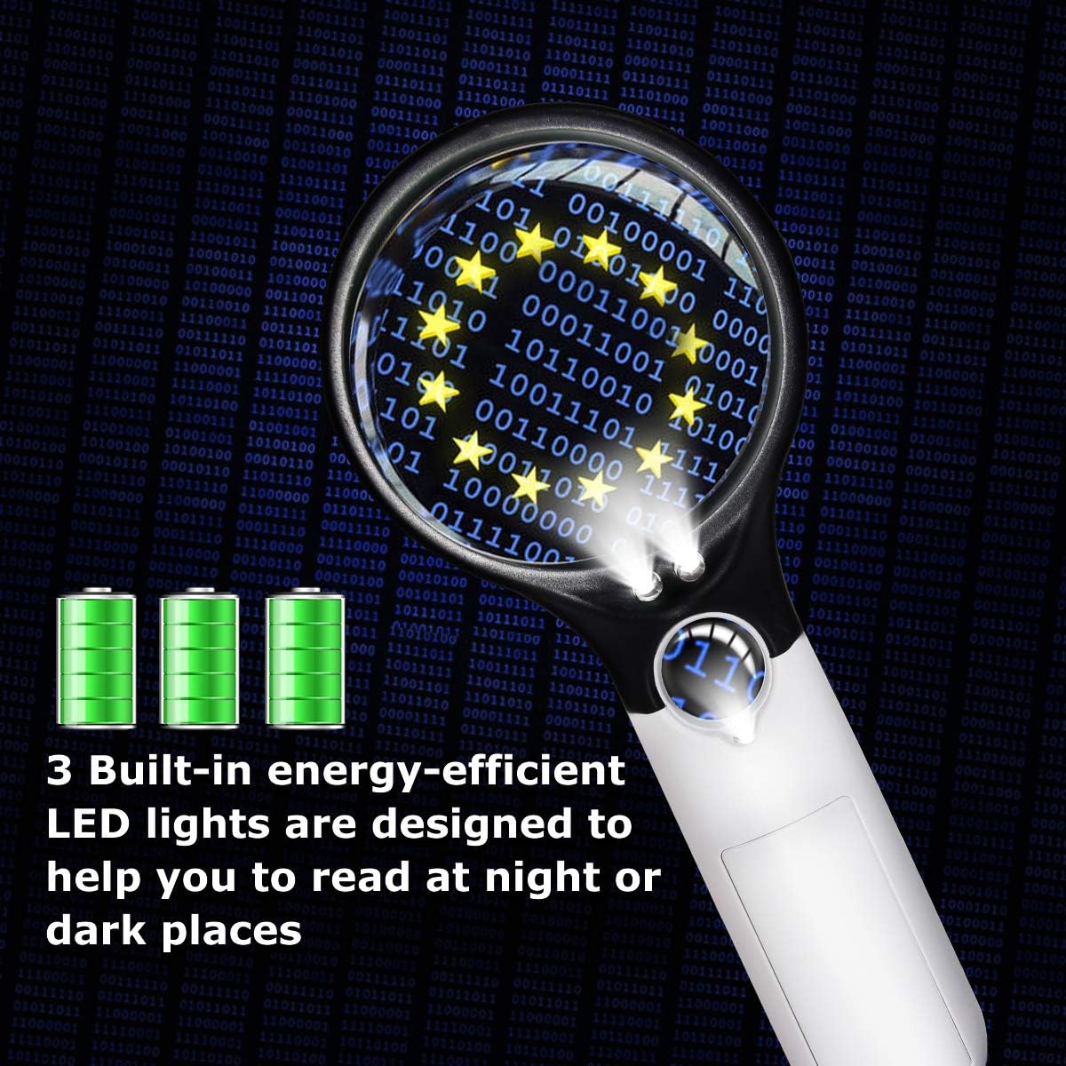 Magnifying Glass with Light, Handheld Magnifier for Reading, Writing,Exploring,Soldering,Inspection, Jewellery, Hobby Tool Magnifiers[3X 45x High Magnification/ 3 LED Lights] (Black)