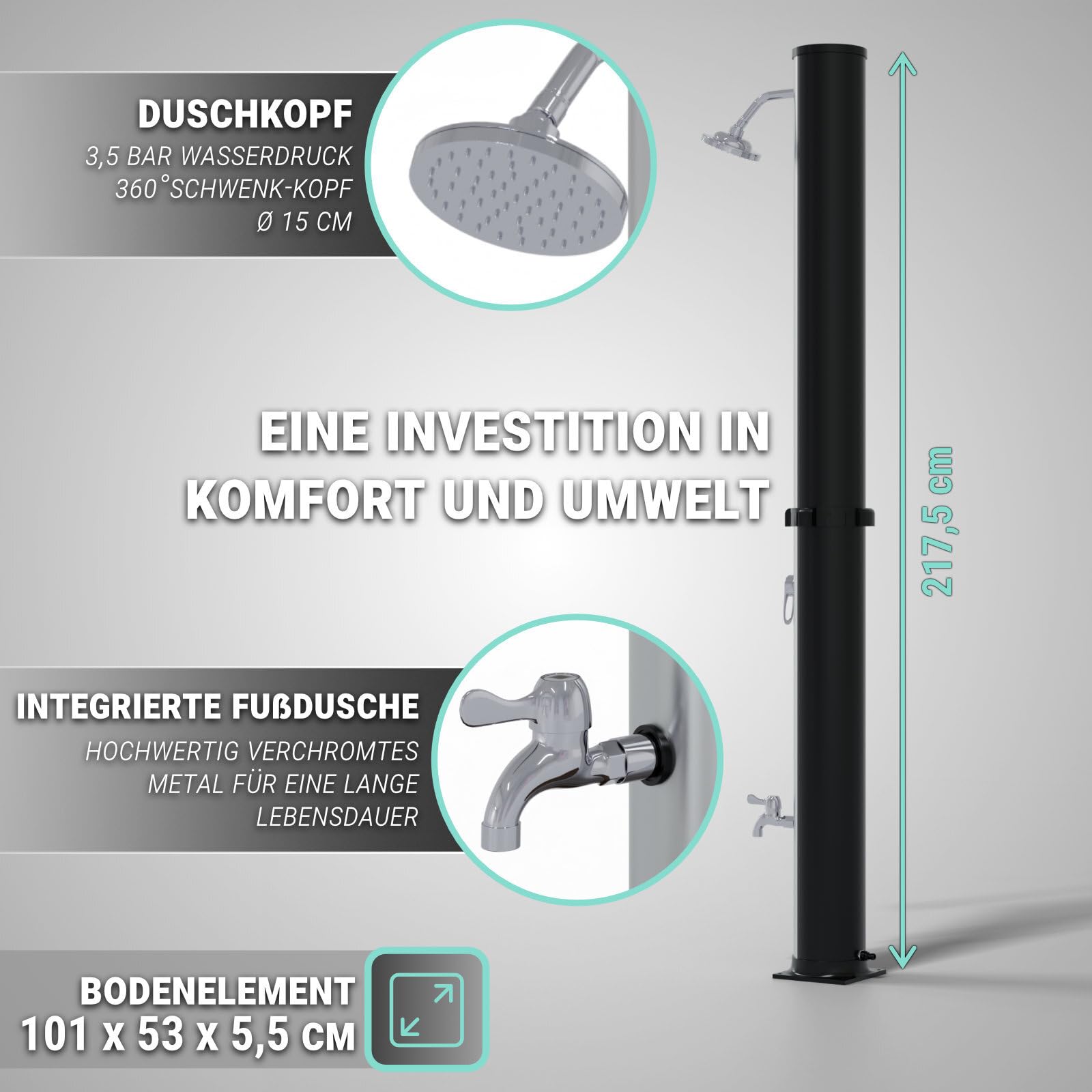 HAGO Solardusche | 35L | rund | Schwarz/Silber | Pooldusche | Campingdusche | Gartendusche | Outdoor Fußdusche | Universal | Stromlos