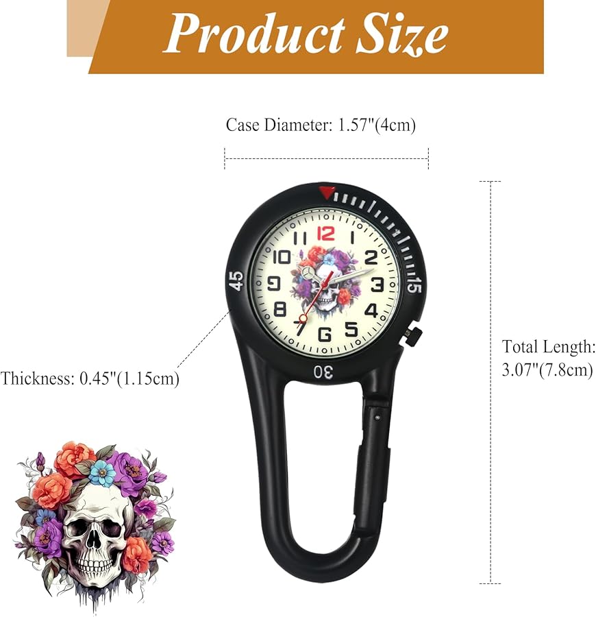 JewelryWe Orologio da tasca con moschettone portachiavi FOB clip on orologio analogico al quarzo per medici infermieri paramedici cuochi sport unisex, Tipo 2-nero, Vintage