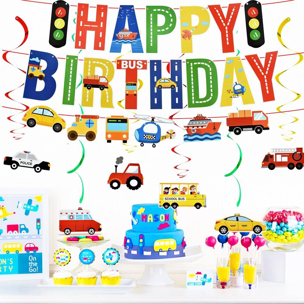 BEISHIDA HAPPY BIRTHDAY Banner Set Traffic-themed 12 PCS Hanging Swirls Garland with HAPPY BIRTHDAY Banner Party decorations set Party Supplies Kids Birthday Decorations