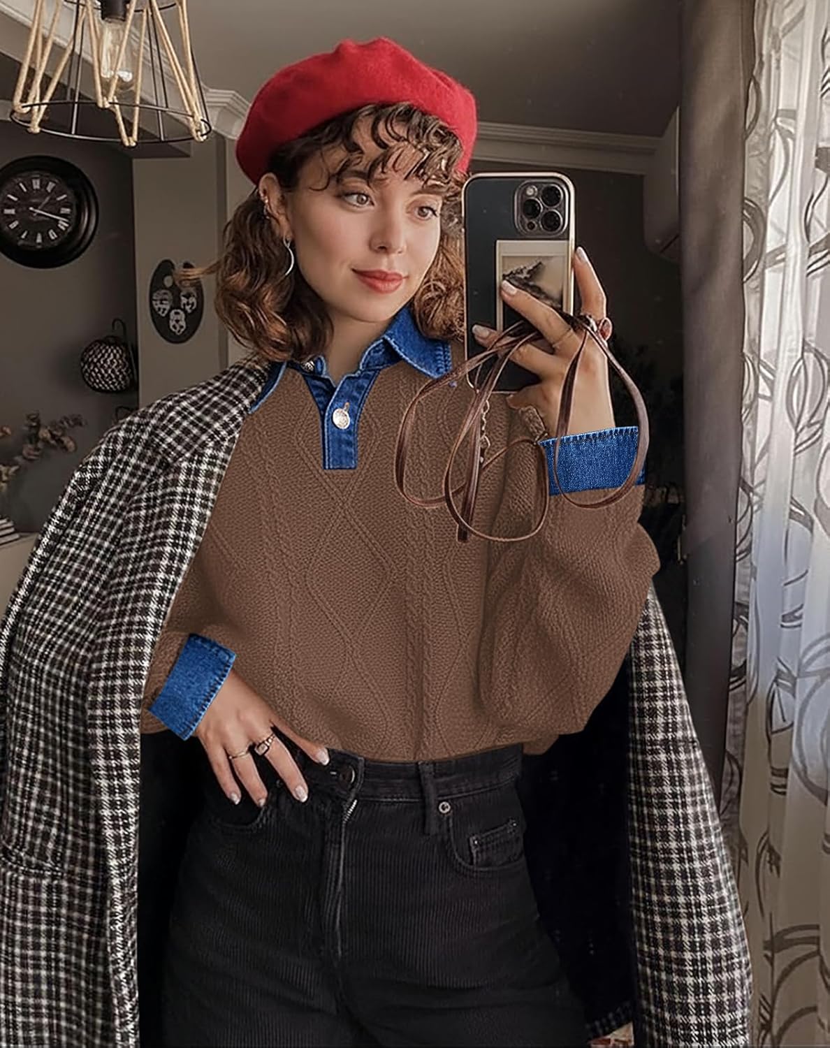 Soesdemo Womens Oversized Cable Knit Sweaters Chunky Long Sleeve Button Up Denim Polo Neck Knit Pullover Tunic Sweaters - Image 5