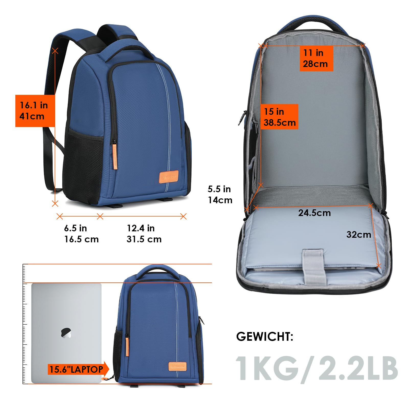 TARION Kamerarucksack Leicht Kamera Rucksack mit 15 Zoll Laptopfach Blau | Kompakt DSLR Rucksack Wasserdicht Fotorucksack Klein mit Regenschutzhülle Regenhaube für Outdoor Reisen TB-04