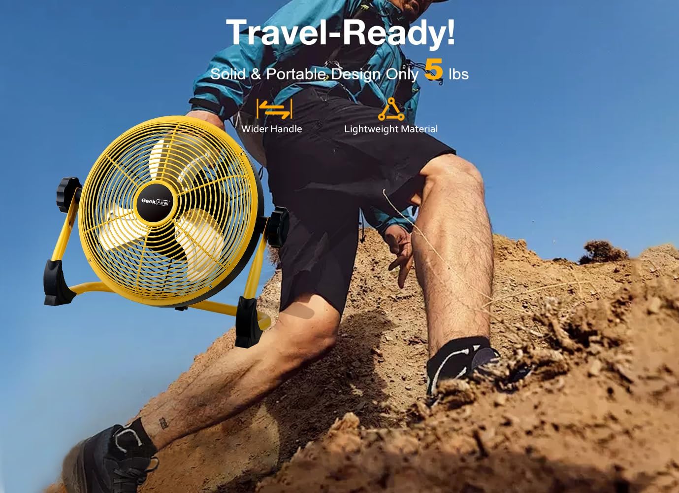 Person carrying Geek Aire fan, demonstrating portability