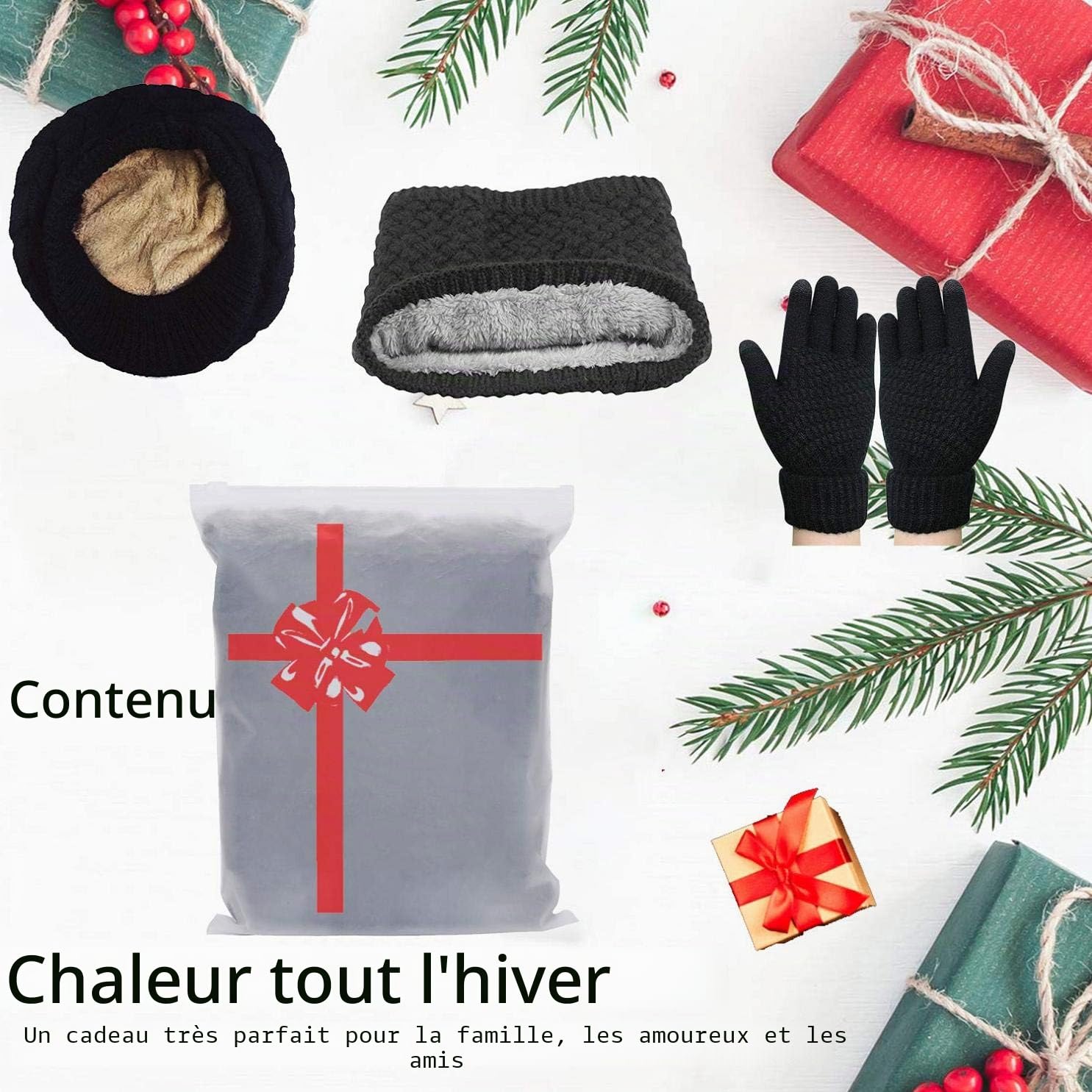 CheChruy Femme Tricoté Béret Écharpe à Boucle Gants 3 Pièces Ensemble Chaud Cache-Cou de Doublure Polaire et Bonnet Tricot Hiver Chapeau