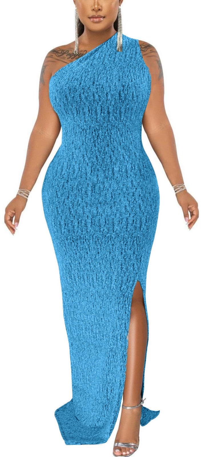 Formal Dress for Women Elegant Sparkly One Shoulder Sleeveless High Split Cocktail Party Prom Dresses