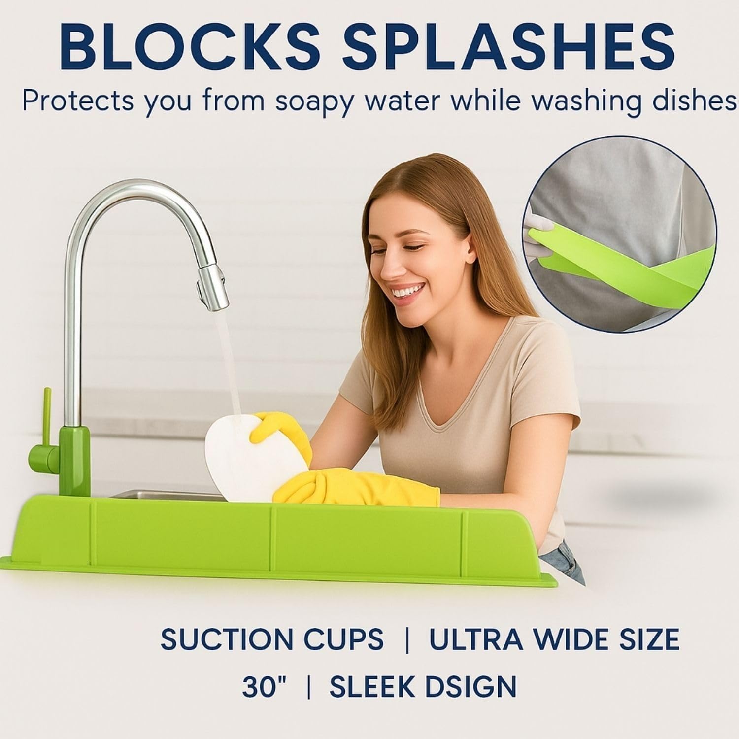HEVIR Silicone Sink Splash Guard Flexible Water Stopper Strip for Kitchen Slab & Bathroom Basin, Cut-to-Fit Edge Protector, Anti-Splash Combo with Chrome Faucet Extender & 3-Mode Spray Head 3