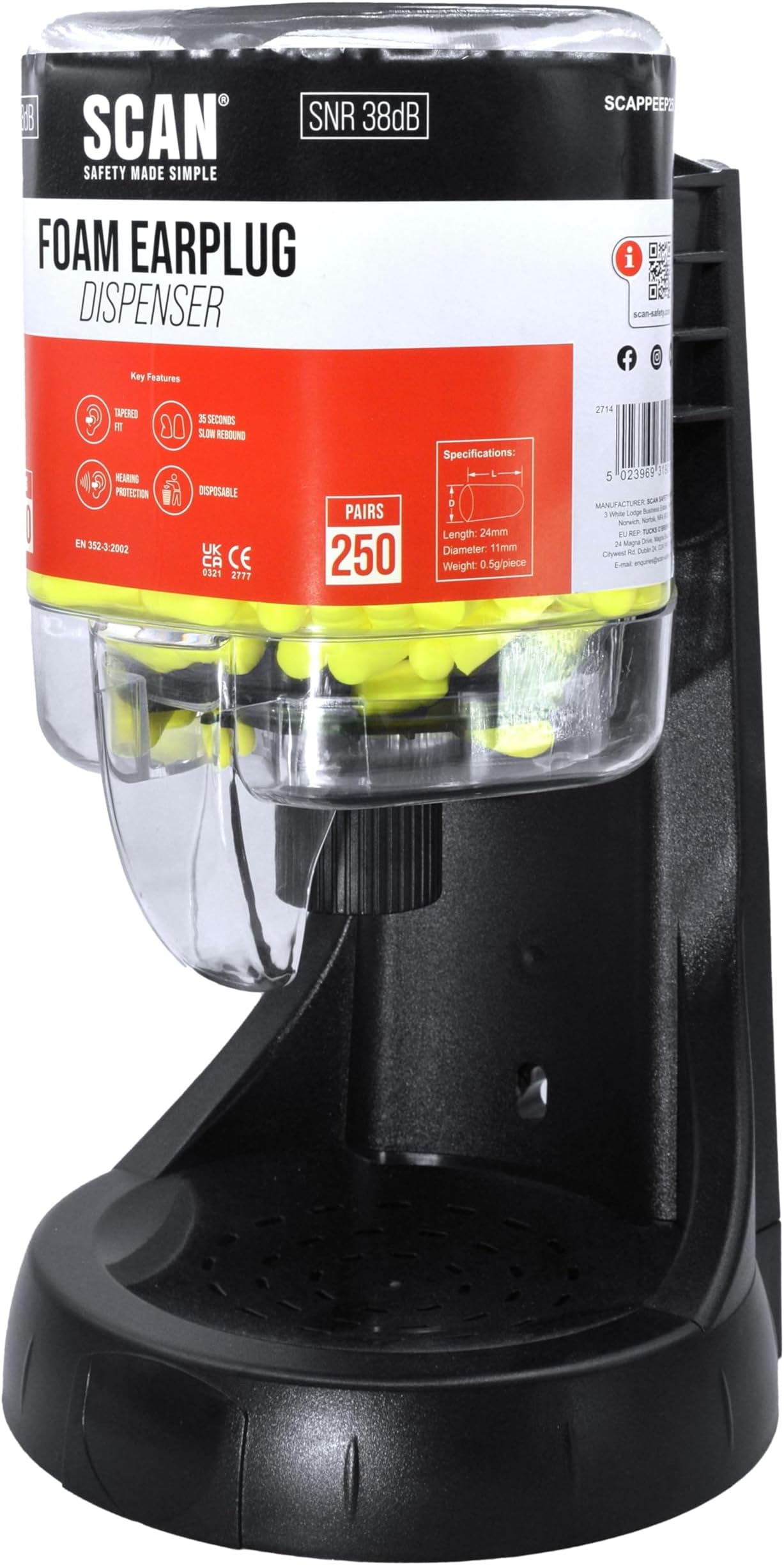 Scan Ear Plug Dispenser – Refillable Dispenser, Wall Mounted or Freestanding Placement, Noise Cancelling Reduction of SNR 38dB Hearing Protection – 250 Pairs