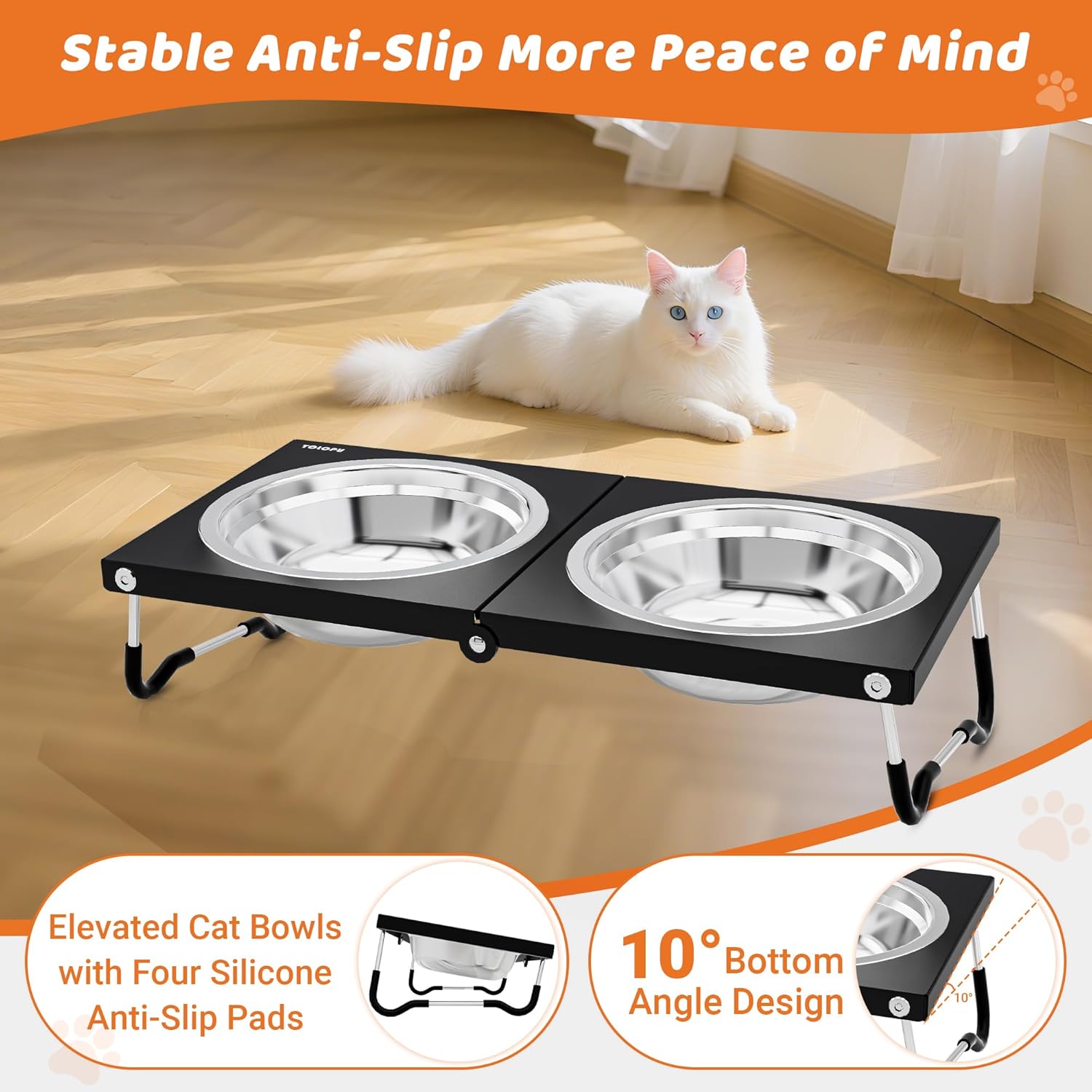 Upgraded Raised Cat Bowls,Elevated Bowls for Indoor Cats with Height Stand,Non-Slip Stainless Steel Cats Bowl,10° Tilted Cat Food Bowls (Black Collapse, 2 Pack)