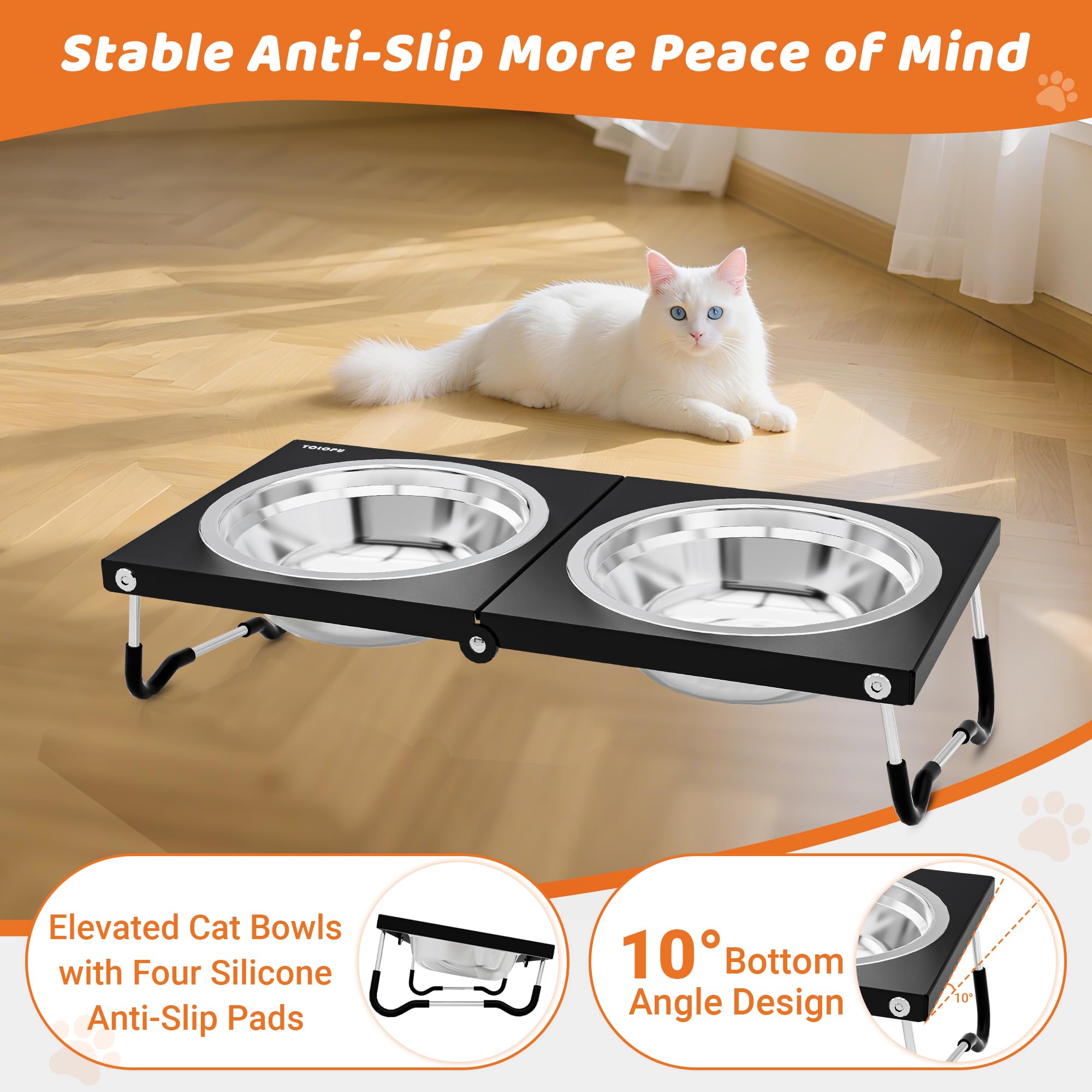 Lot de 2 gamelles surélevées Pliables, 2 gamelles surélevées en Acier Inoxydable, inclinables à 15°, gamelles pour Nourriture et Eau, Anti-vomissements et Fatigue adaptée aux Moustaches