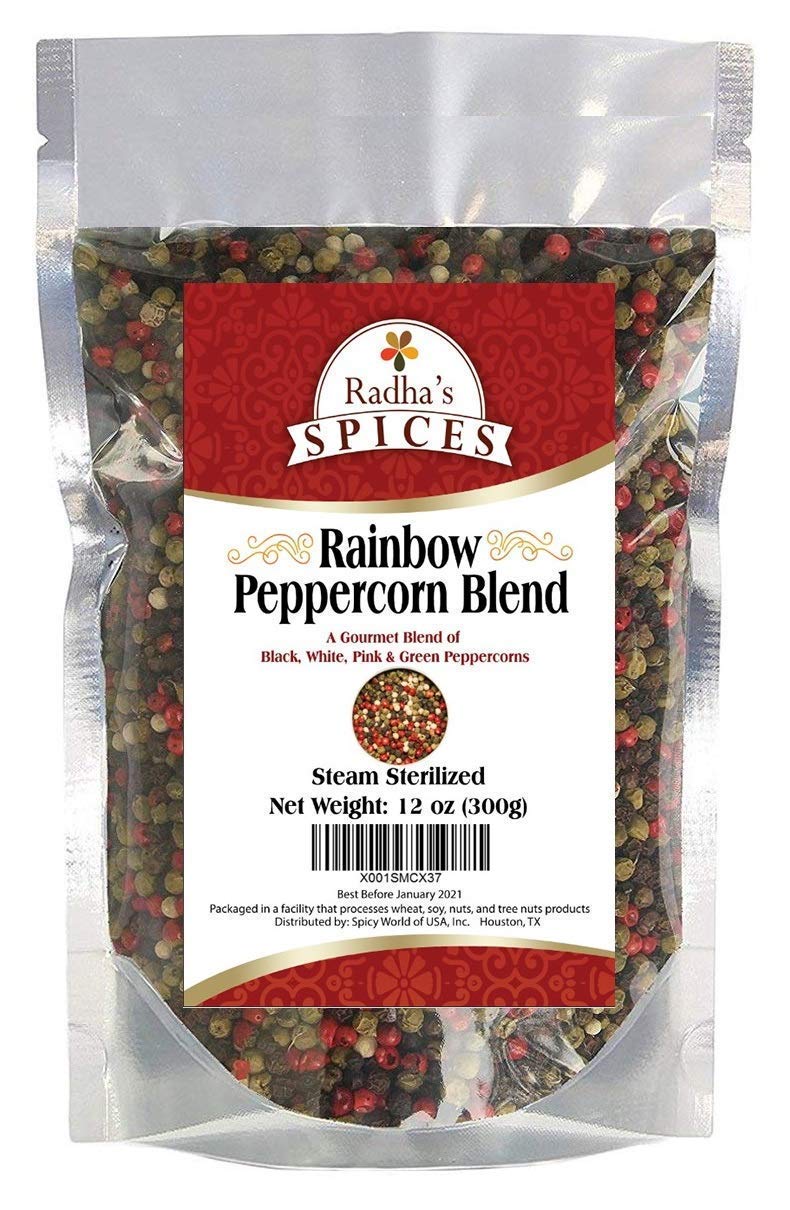 Radhas Four Peppercorn Rainbow Blend – Esterilizado a vapor – granos de pimienta negro blanco verde y rosa bolsa de 12 onzas