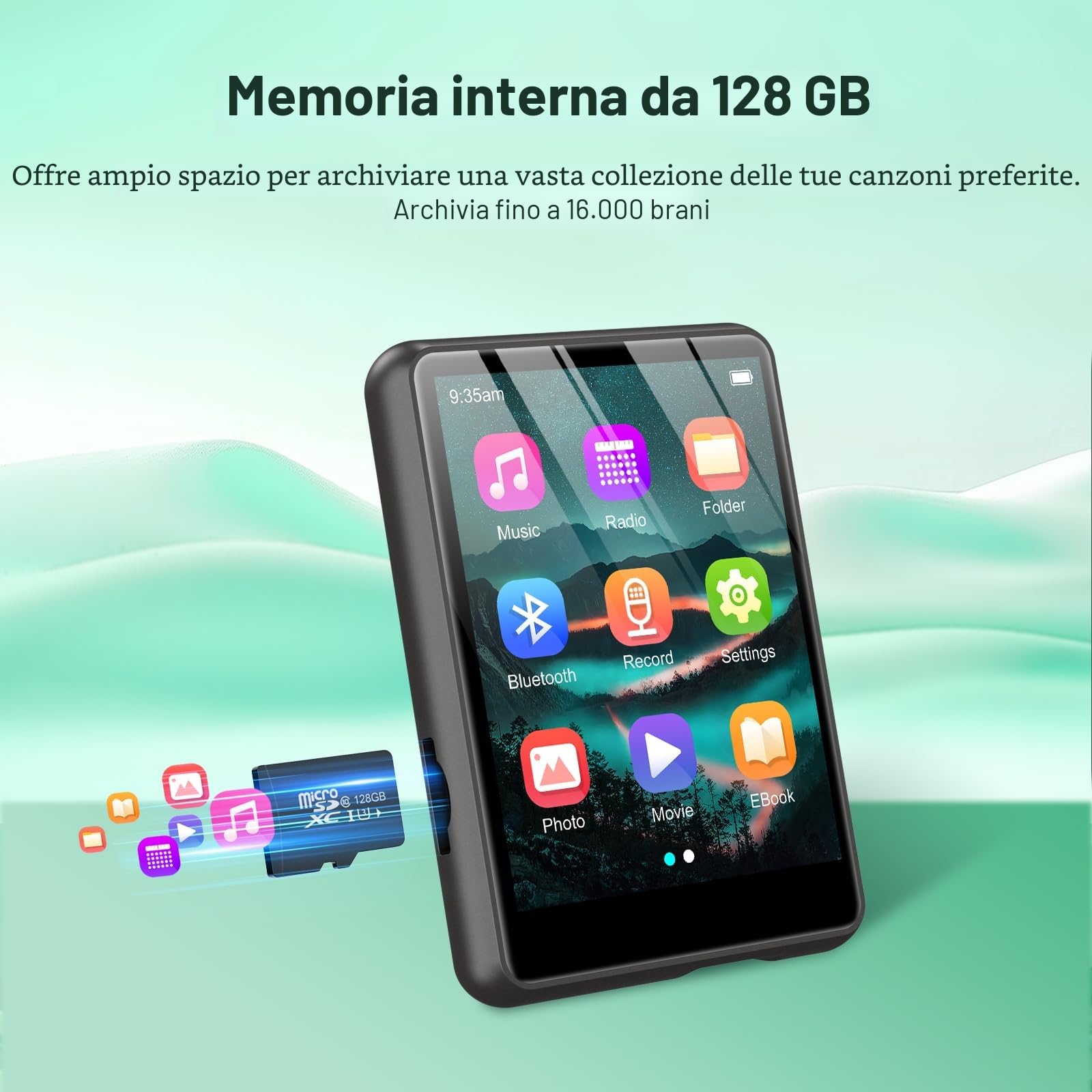 Lettore MP3 128GB Bluetooth 5.3, ZAQE 2,4” Full Touchscreen Lettore MP3 sportivo portatile, Altoparlanti integrati ad alta definizione, Radio FM, Registrazione, Line-In, Suono HiFi, fino a 512GB, Nero