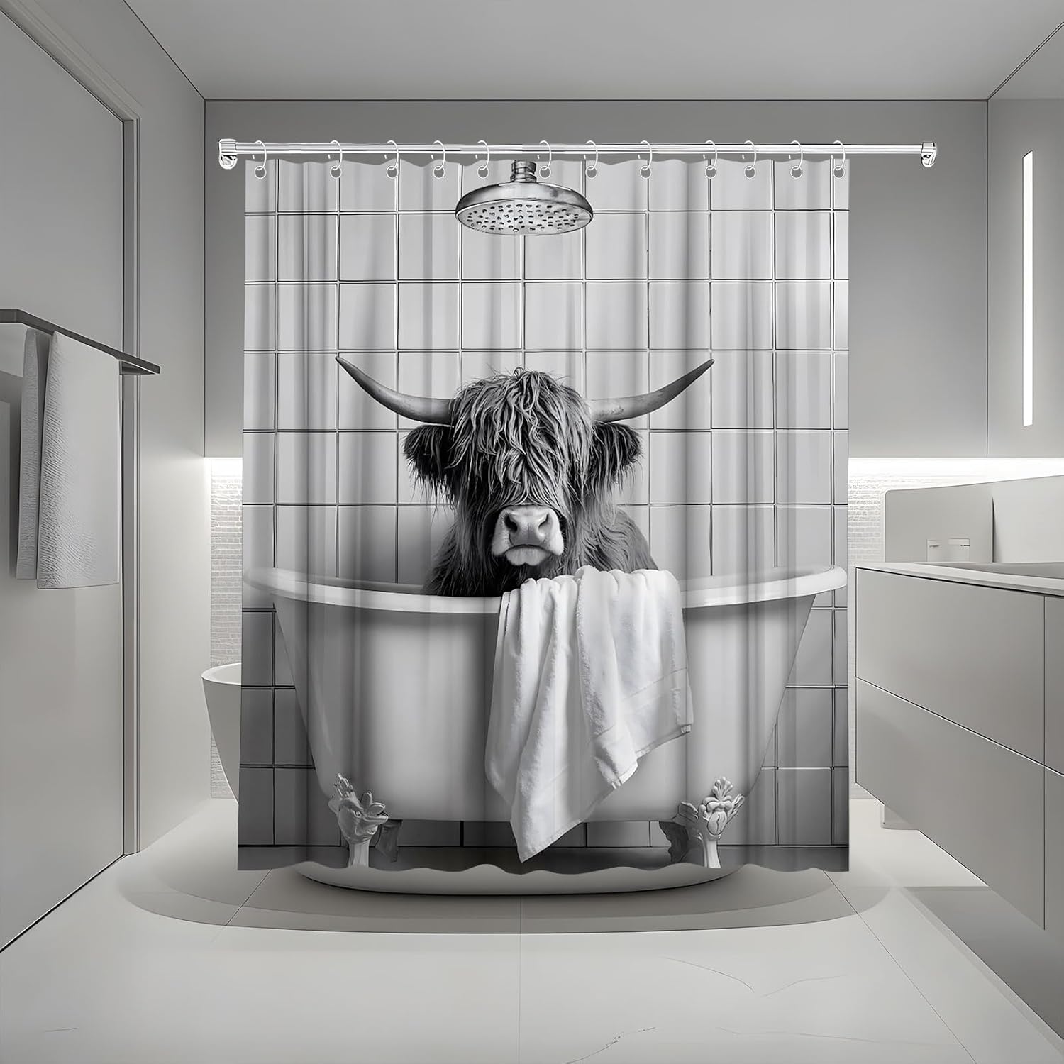 Funny Highland Cow Shower Curtain Black and White Cattle Bathing in The Bathtub Humor Western West Farmhouse Bull Wildlife Bath Curtain Fabric Bathroom Accessories Decor with Hooks 70W x90L