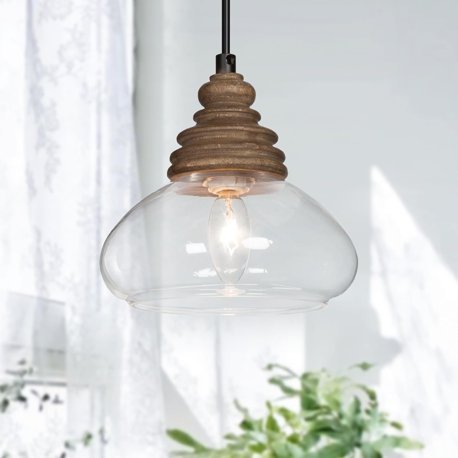 KSANA Pendant Lights Kitchen Island, 1-Light Farmhouse Kitchen Pendant Lighting Over Island, 7.5'' Rustic Wood Pendant Light Fixtures with Clear Glass Shade