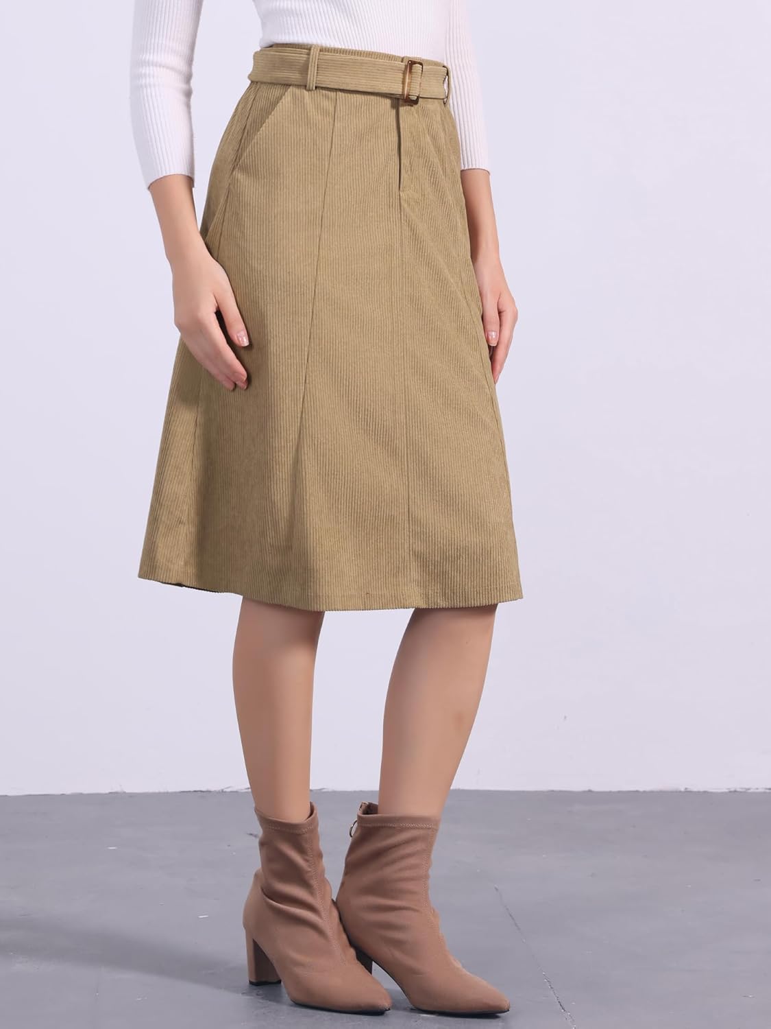 Allegra K Women's High Waist Elastic Back A-Line Belted Winter Fall Midi Corduroy Skirt