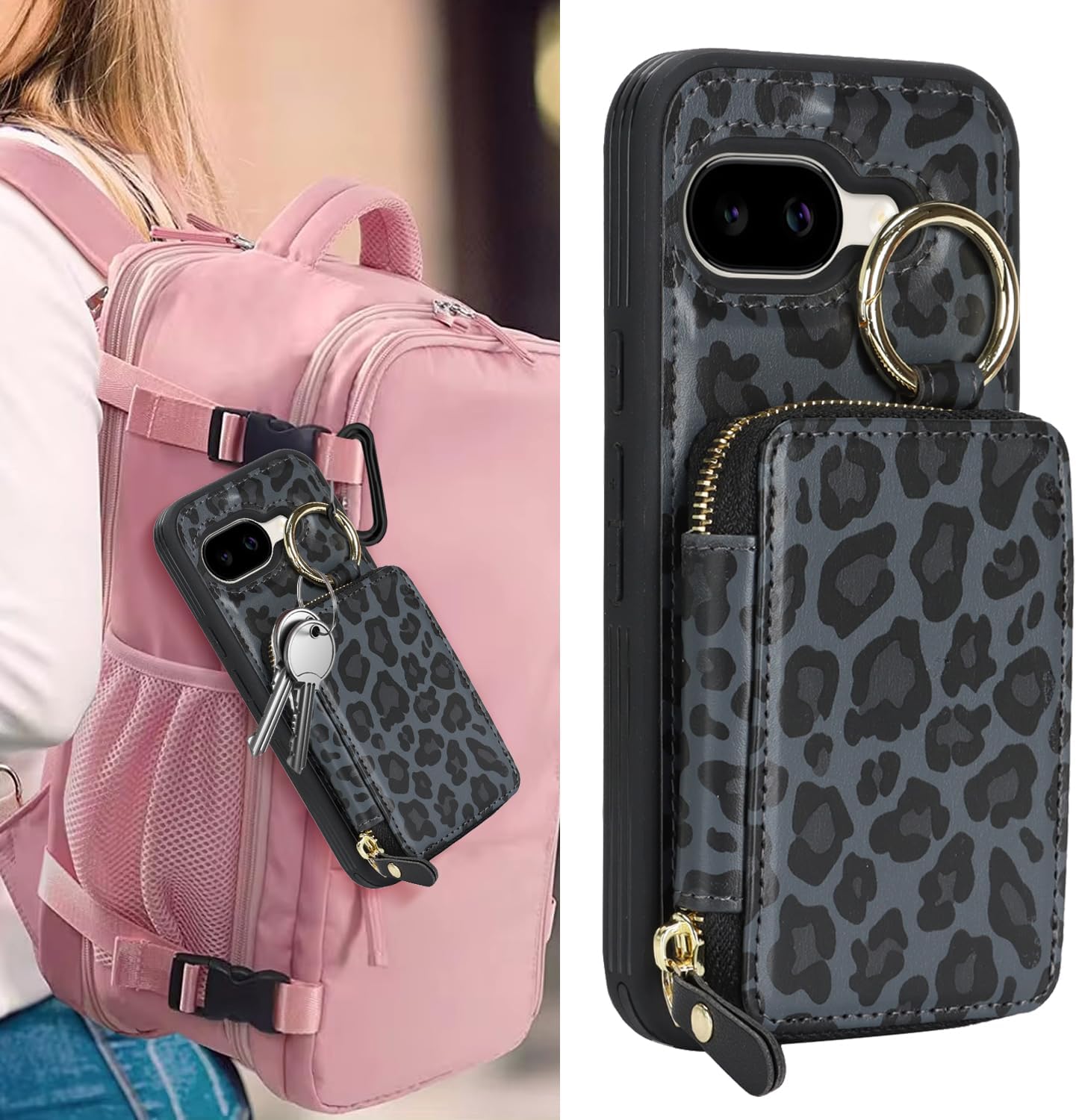 for Pixel 9a Case Wallet with Card Holder,for Pixel 9a Phone case Wallet with Zipper with Slot Kickstand Stand Case for Women and Man-Black Leopard