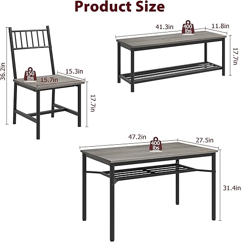 Miniatura 8 de IDEALHOUSE Juego de mesa de comedor para 4, mesa de cocina y 2 sillas con banco de almacenamiento, juego de mesa de cocina rectangular de 47.2