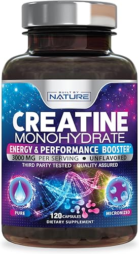 Built by Nature Píldoras de monohidrato de creatina, suplemento de creatina micronizada para hombres y mujeres, fuerza muscular, energía,