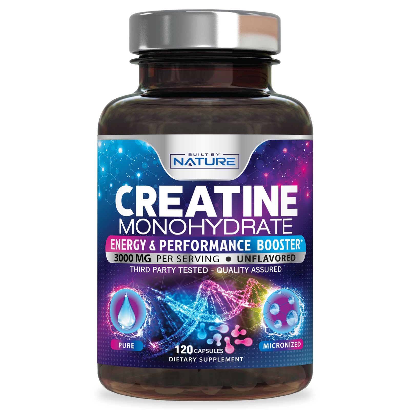 Built by Nature Creatine Monohydrate Pills - Micronized Creatine Supplement for Men & Women - Muscle Strength, Energy, Endurance, and Recovery - Gluten-Free, Vegan, Non-GMO - 120 Capsules 120 Count (Pack of 1)
