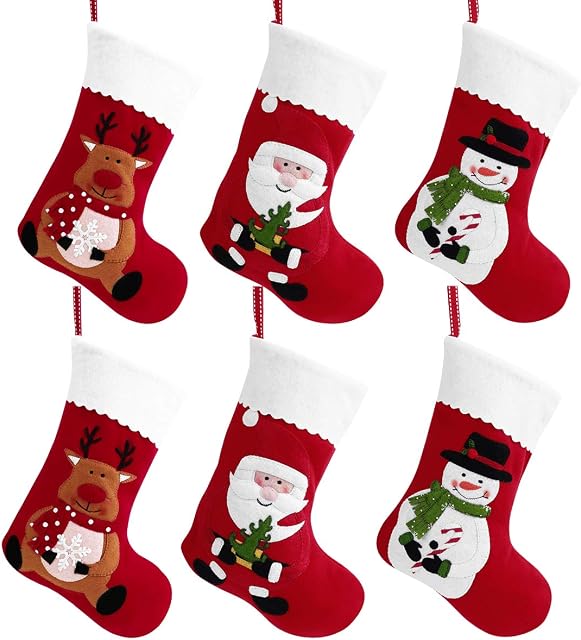 Toyvian Christmas Holiday Stockings Christmas Hanging Bags 6PCS Red Felt Xmas Tree Decorations Santa Snowman Reindeer Gift Treat Bag (sock1)