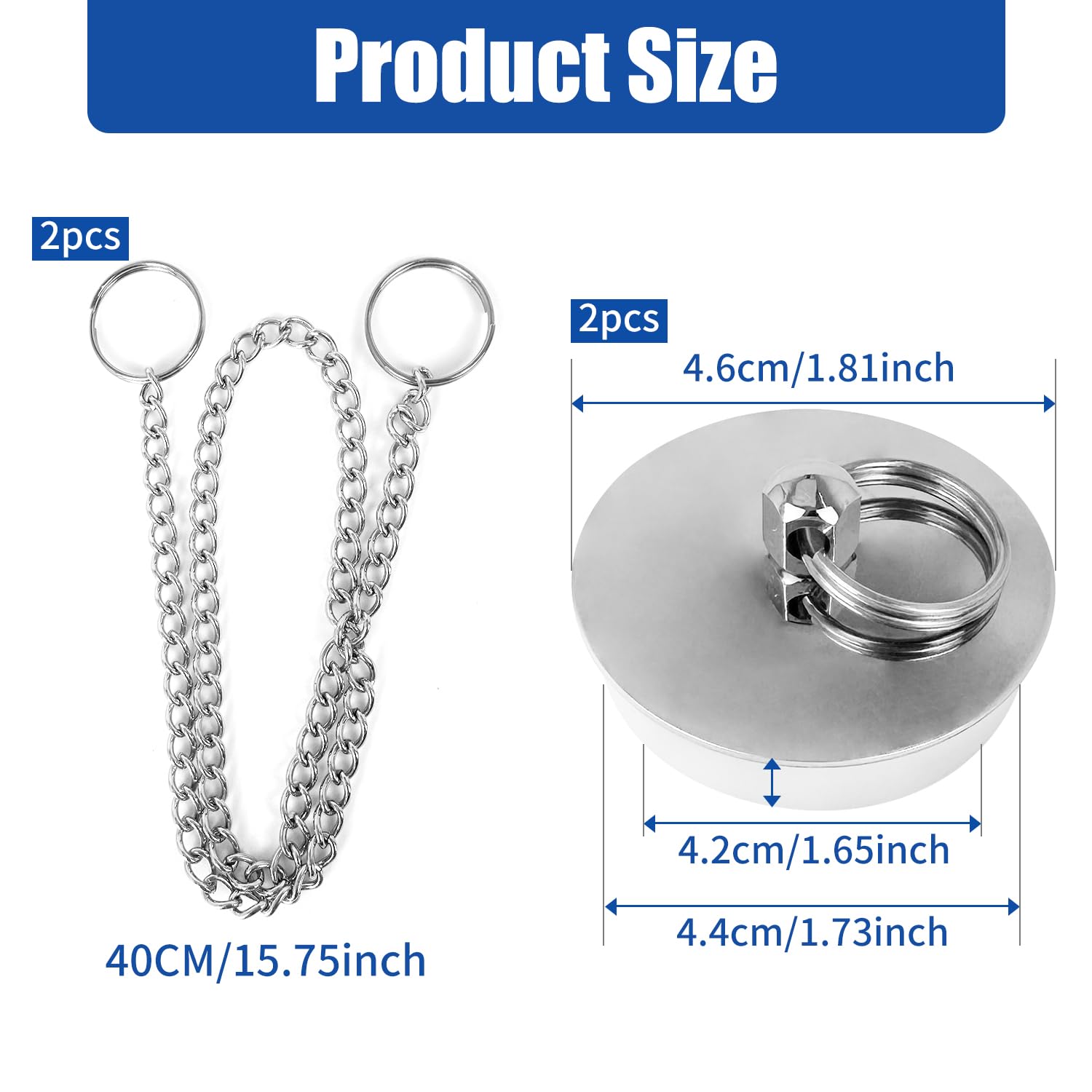 Tapón de Lavabo Universal, 2 Tapones de Drenaje Tapón Fregadero Ø 42-46mm Tapón de Bañera con Cadena de Acero Inoxidable Desagües Estándar Tapones Universales para Lavabo Lavabo Cocina Bañera Baño