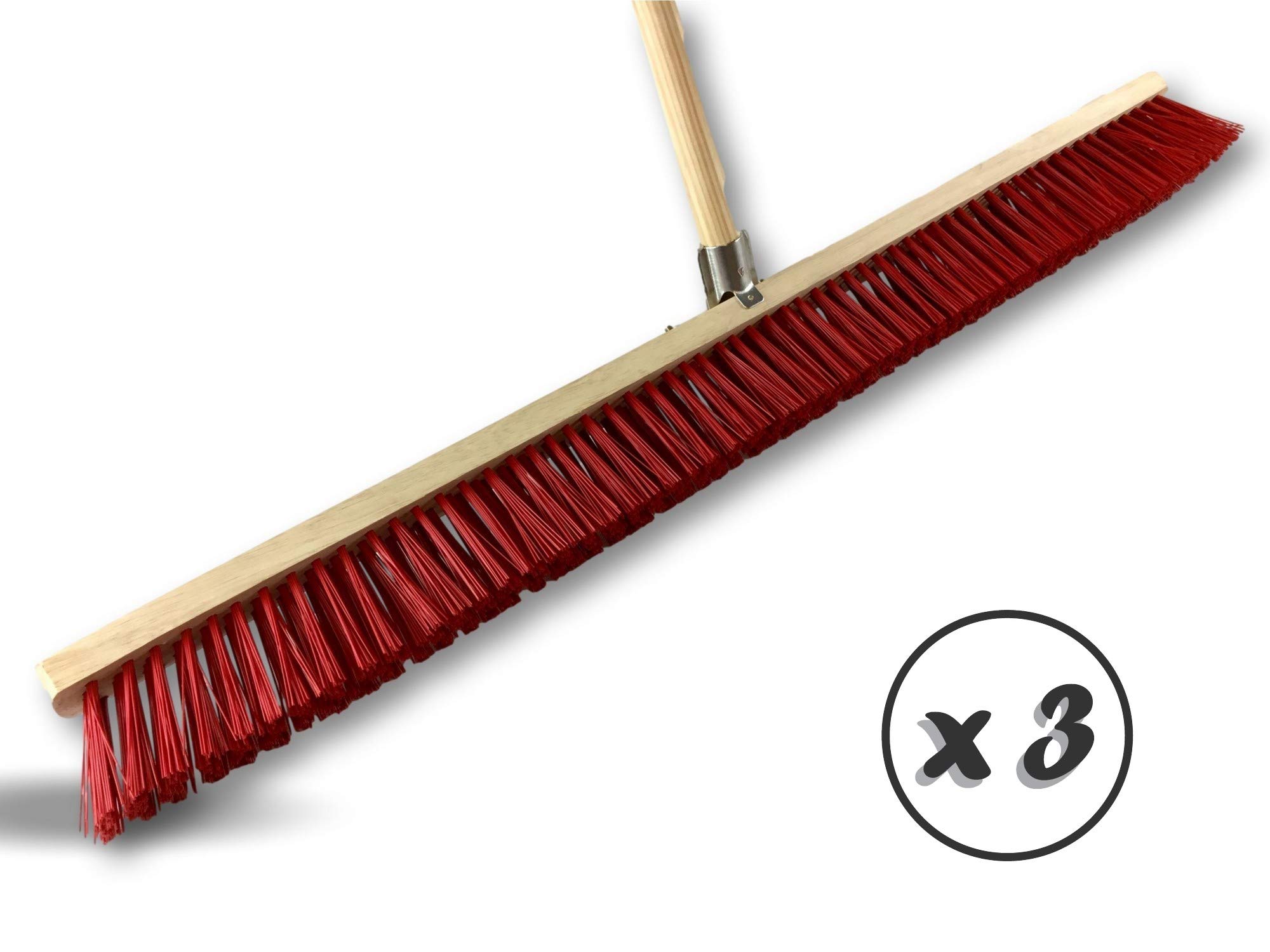 Miotła warsztatowa typu kantonier | Zestaw 3 | Track Outdoor | Długość 100 cm | Wypełnienie szczotką PVC czerwoną | Drewniana podeszwa | Metalowe gniazdo Ø 28 mm | Z uchwytem | Kibros 2390BMx3