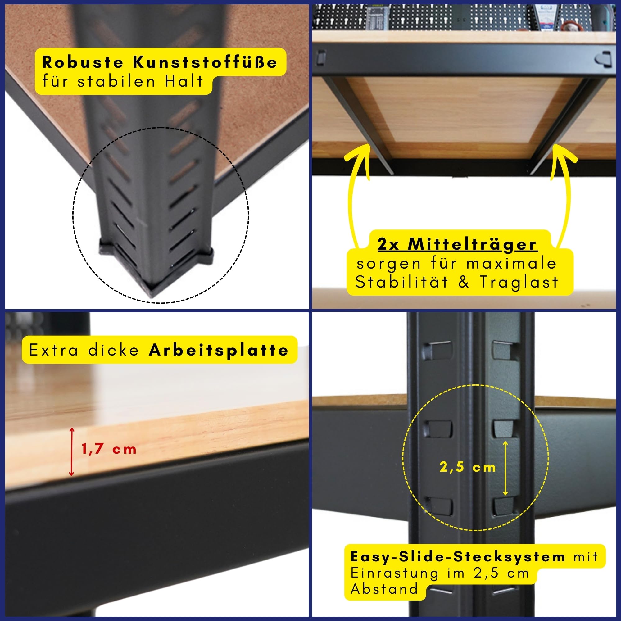 PROREGAL Profi Werkbank Giant Beast mit Lochwand HxBxT 180x120x60cm Fachlast 175kg inkl. Werkzeughalter Set Schwarz Werkbankregal Werkzeugbank Arbeitstisch