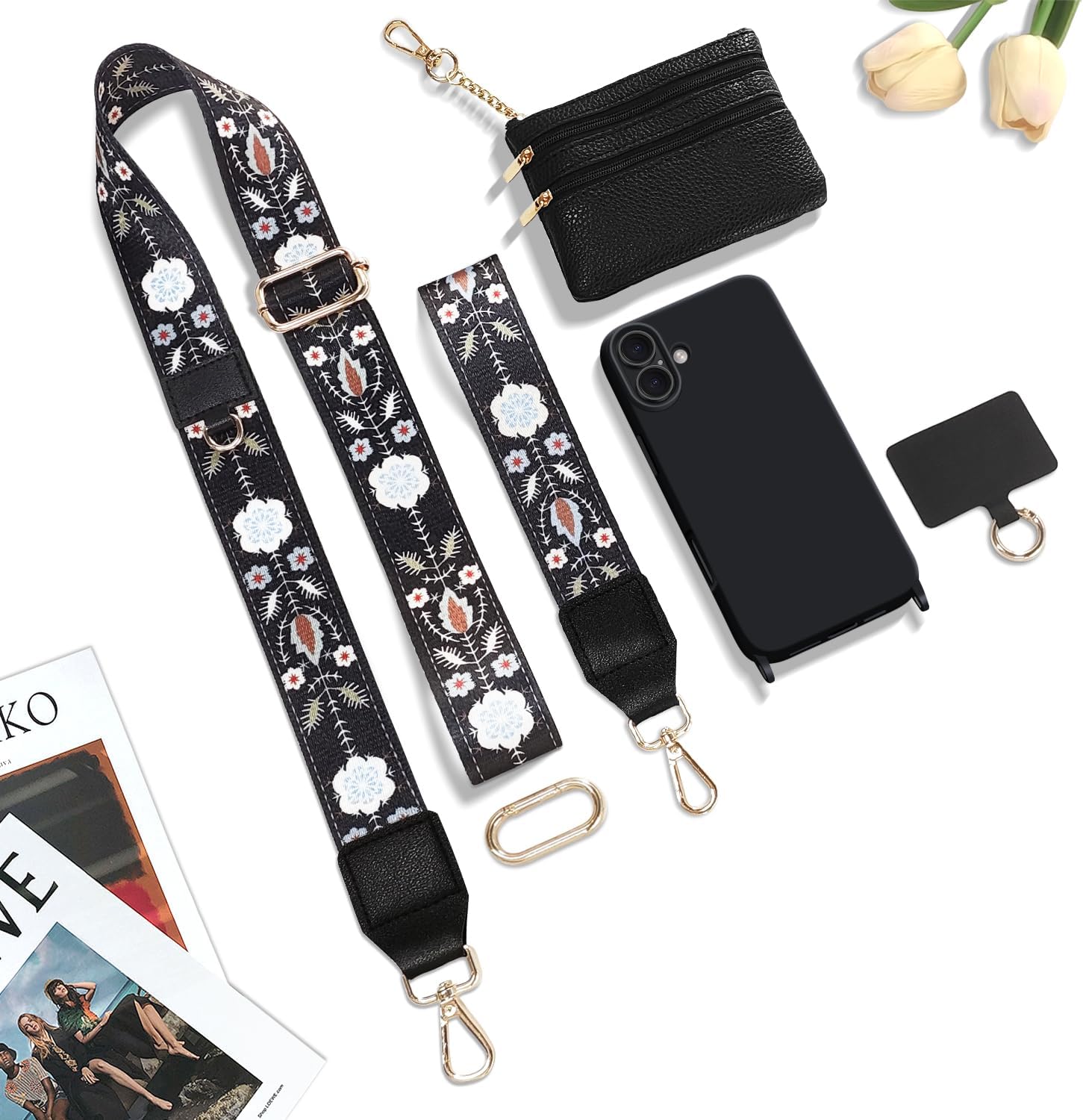 Crossbody Phone Strap with Wallet for iPhone 17 Pro Max, Phone Case with Detachable Lanyard & Wrist 2 in 1, Clip and Go Strap for Women with Zippered Pouch Black