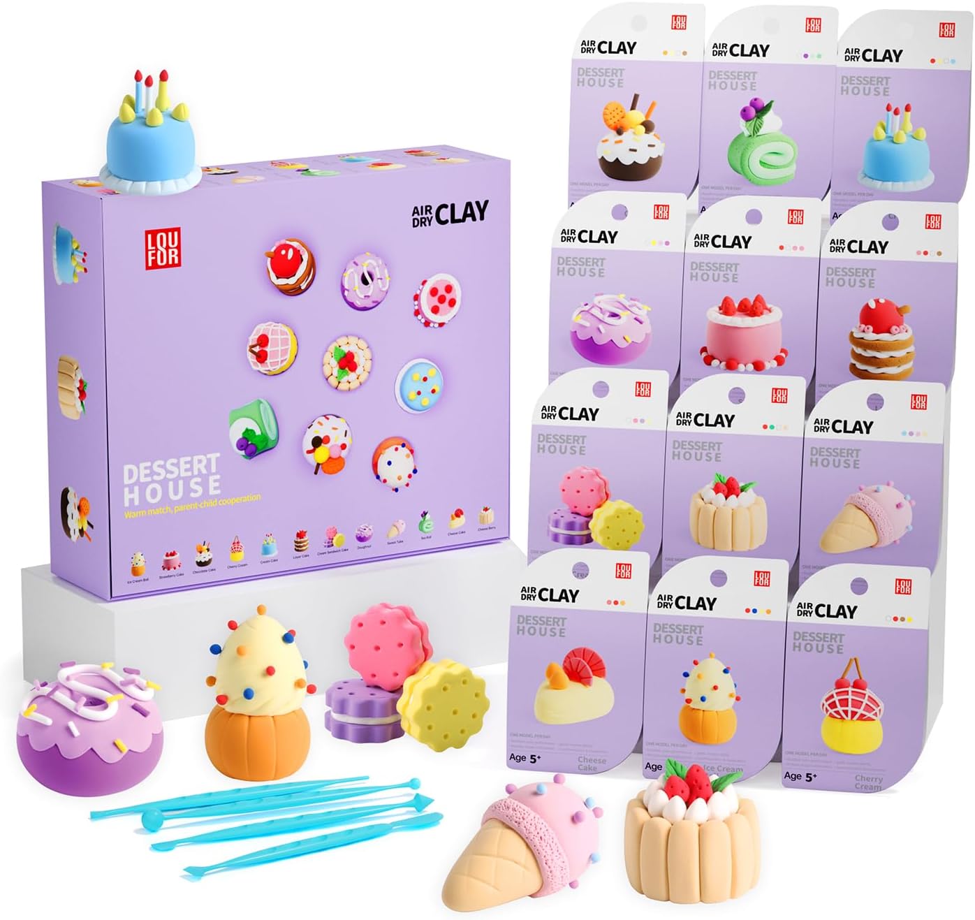 LOUFOR Air Dry Clay Kits - Modeling Clay for Kids, Ultra Light & Soft, Safe & Non-Toxic, 12 Boxes DIY Model Magic Clay with Sculpting Tools & Tutorials, Creatible Art Crafts Toys Gifts Boys Girls