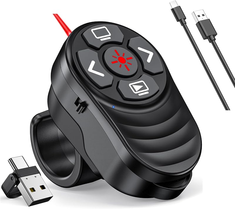 2 in 1 Presentation Clicker with Laser Pointer Finger Ring Clicker Rechargeable Presentation Clicker Long Distance PPT Clicker Remote Wireless Clicker Laser Pointer for Classroom Teacher Projector