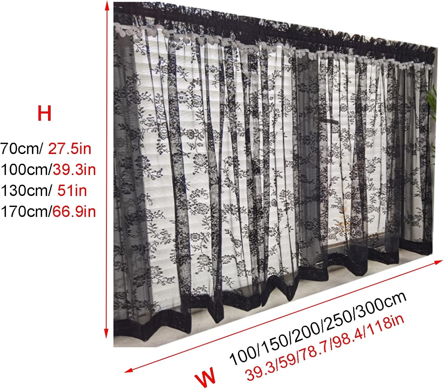 Kitchen Curtain Romantic Black Lace Tier Curtains, Sheer Curtain Valance Panels Rod Pocket, for Cafe, Living Room, Bedroom, Bathroom Decor Windows/Cabinet (Size : W250xH170cm/98.4x66.9in)