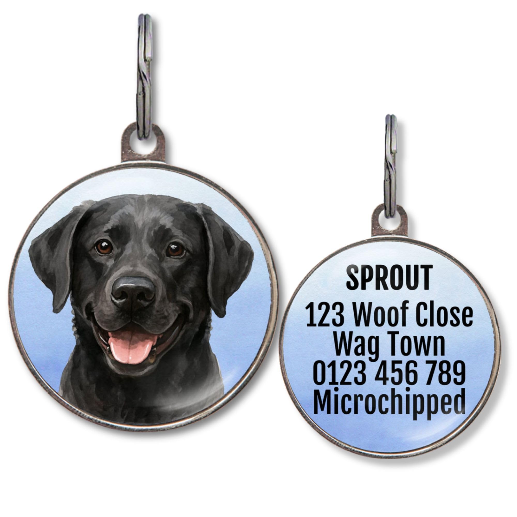 Labrador Dog Tag – Black, Yellow & Chocolate Lab Designs – Add Text to Back – Waterproof Double-Sided Pet ID Tag – 2 Sizes – 4 Background Colours (Black Labrador)