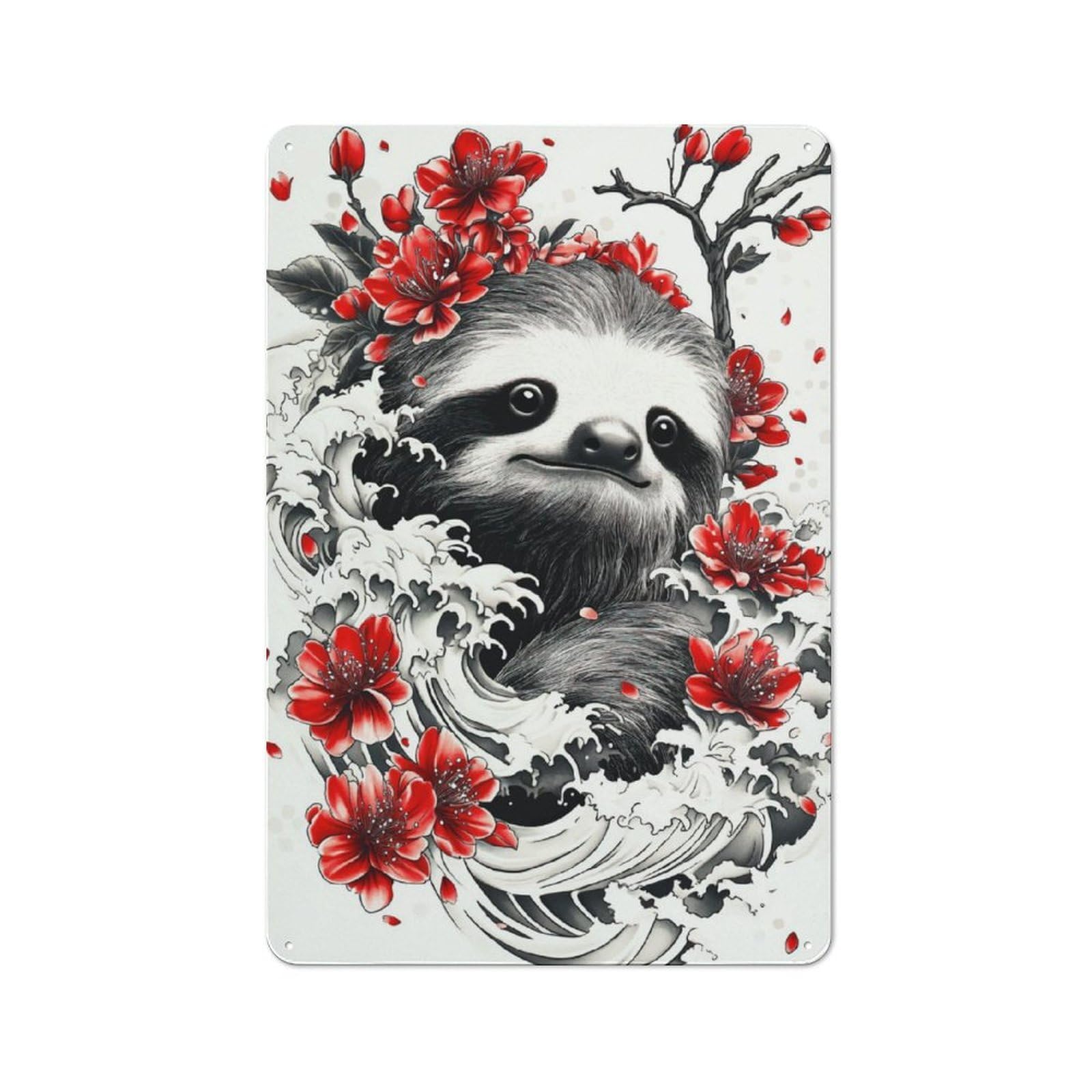 Junmoney Sloth With Cherry Blossoms Vintage Tin Sign 30X20cm With For Kitchen Or Home Bar, For Retro Home Interiors, For Cafés, Pubs And Restaurants