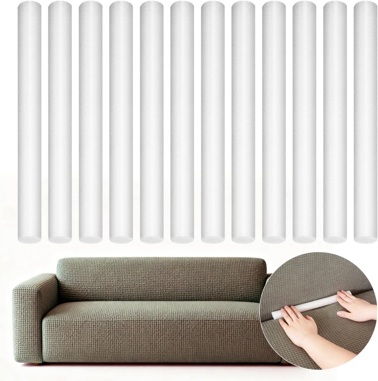 UKCOCO 20-Pack White EPE Foam Gap Filler Rods, Stop Couch Crevice Sliding, Secure Slipcover Tuck Grips for Fabric & Leather Sofas