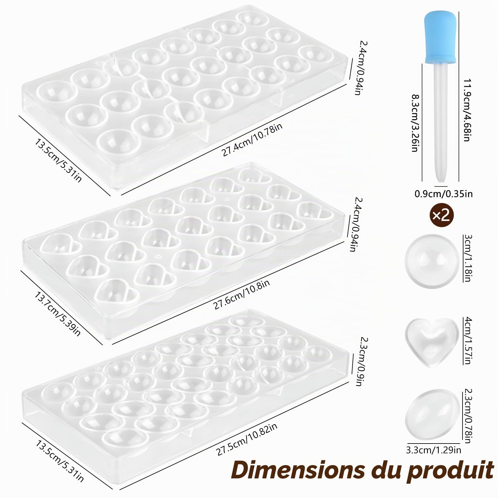 3 Pcs Moule à Chocolat en Polycarbonate Transparent Moule à Bonbons avec 2 Compte-gouttes Moules 3D pour Gelée Bonbons Glaçons