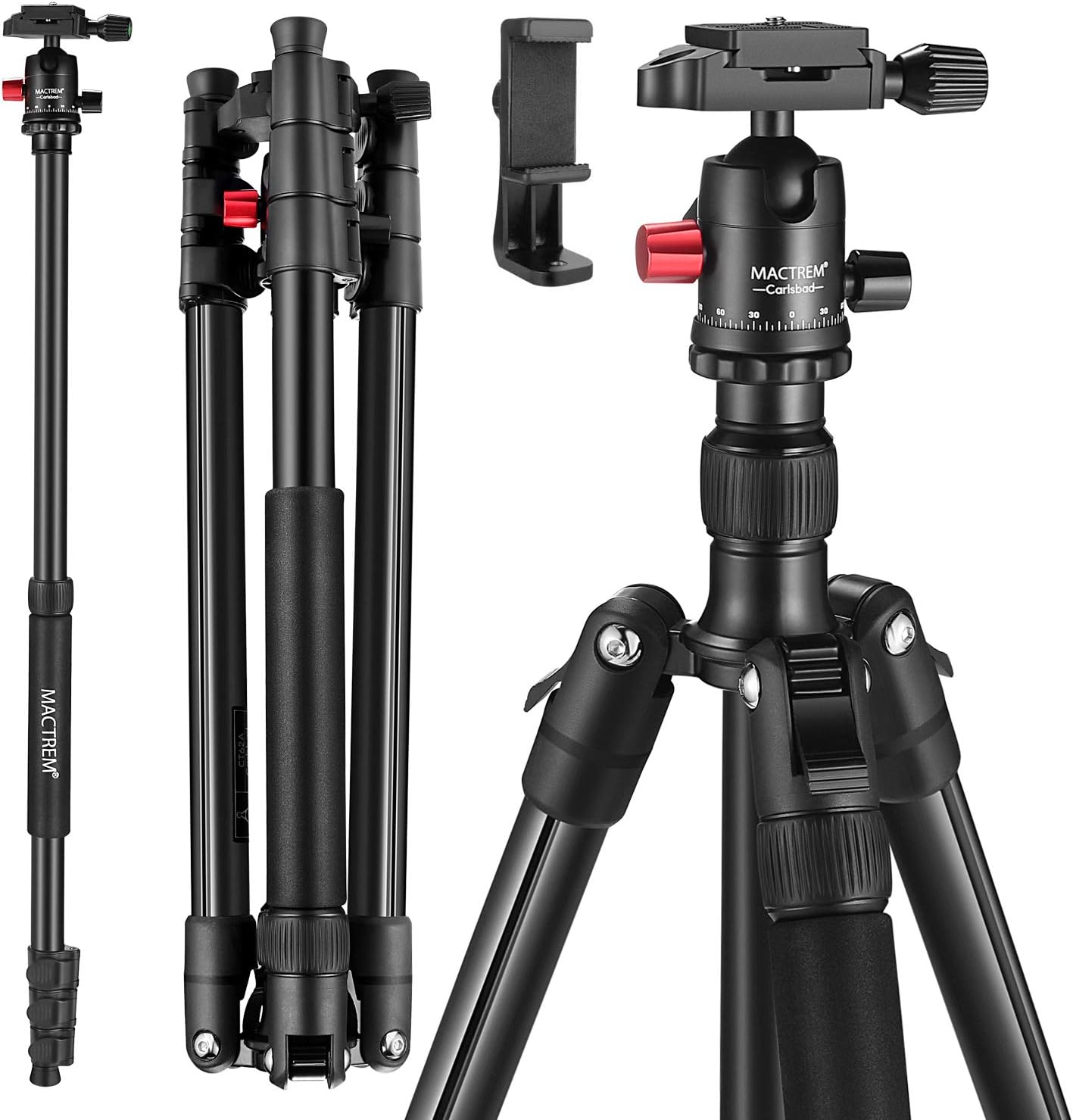 MACTREM Tripod DSLR SLR Tripod, 62.5" Light-Weight Aluminum Alloy Camera Tripod Phone Tripod with Phone Holder, 360 Degree Ball Head, Detachable Monopod, 34lbs Load with Carry Bag, Black