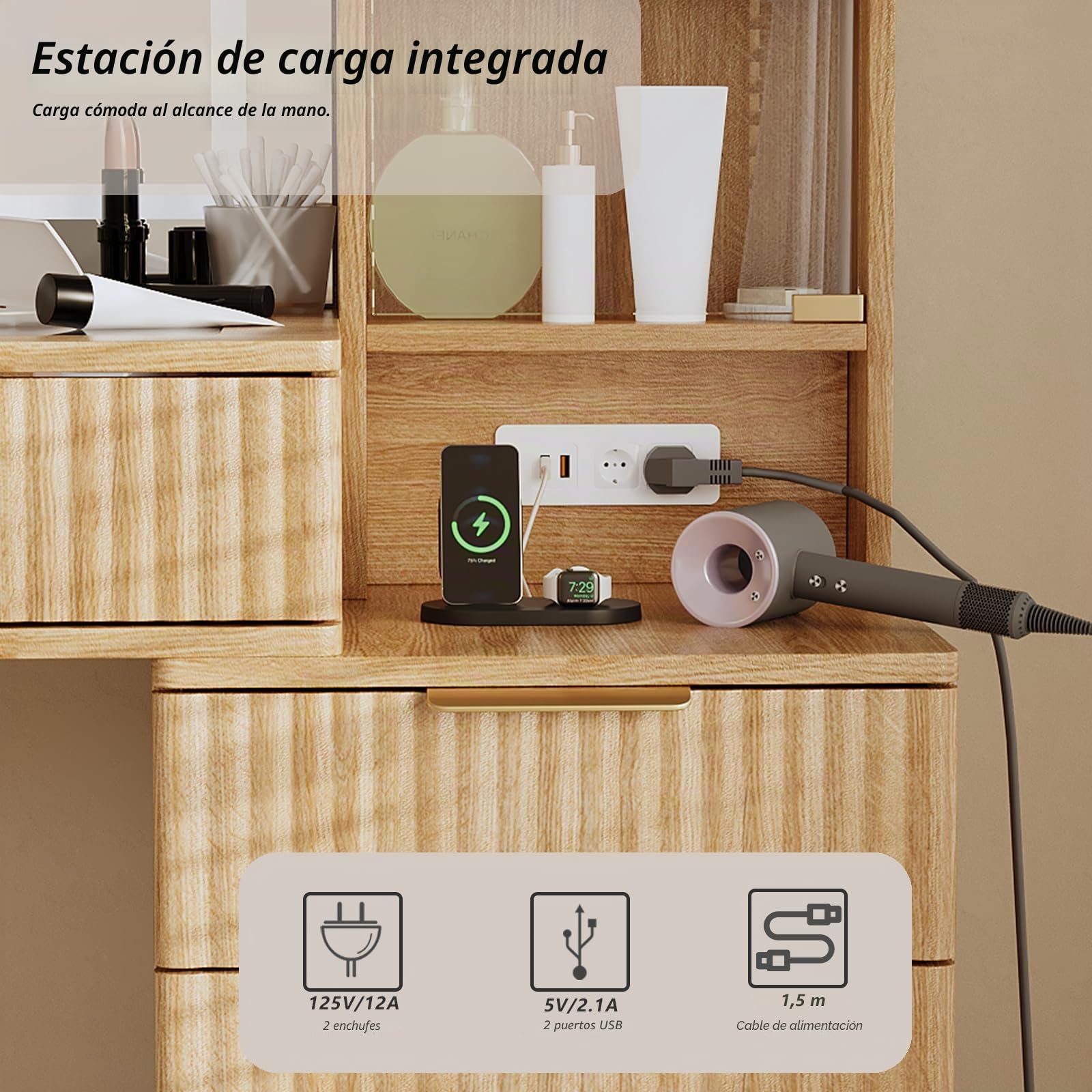 Tocador moderno, 120 cm, con espejo de 90 cm y 3 luces de colores, 5 cajones, estantes abiertos, base de carga de cristal (roble natural)