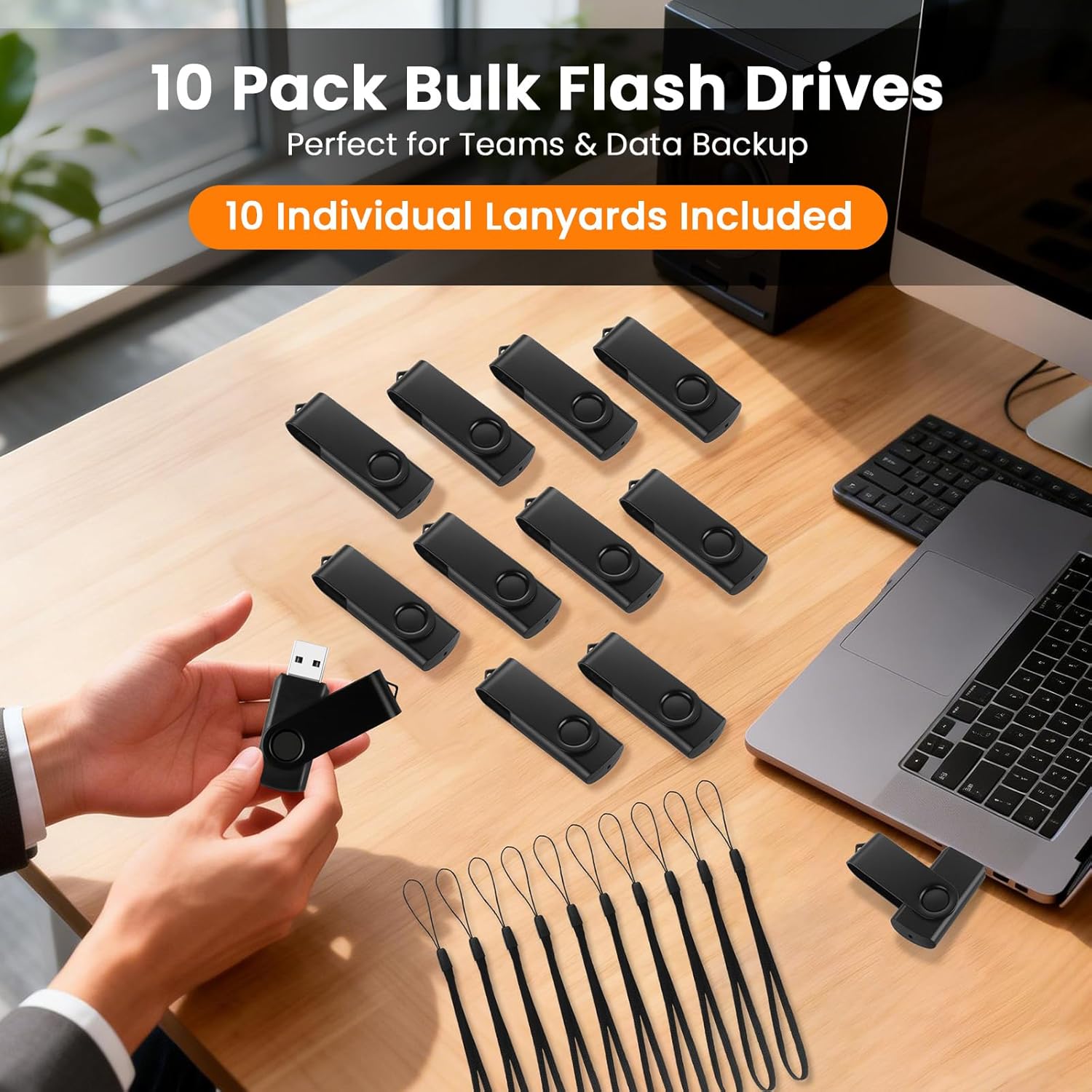 16GB Flash Drive 10 Pack, Black Thumb Drives Swivel USB Stick Flashdrive for Computer, USB 2.0 Memory Stick Jump Drive Pendrive with LED Indicator, Zip Drives for Data Storage Backup with 10 Lanyards
