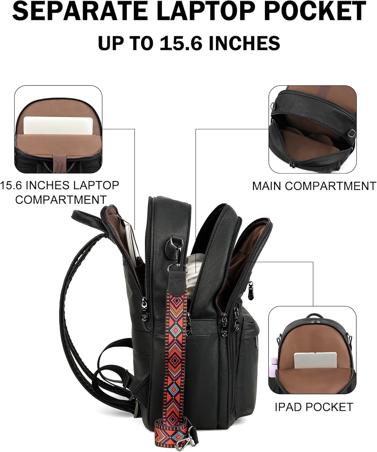 FADEON 15.6 inch Laptop Backpack Purse for Women Designer PU Leather Computer Backpacks Fashion for Work Travel Black - Image 3