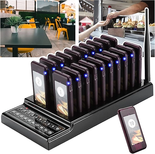 Pager De Restaurante Sem Fio, Sistema De Chamada Em Fila, Com 20 Pagers + Teclado De 20 Canais, DistâNcia De 1000M, Para Restaurantes, Bares, CaféS, PraçAs De AlimentaçãO (Evite Filas)