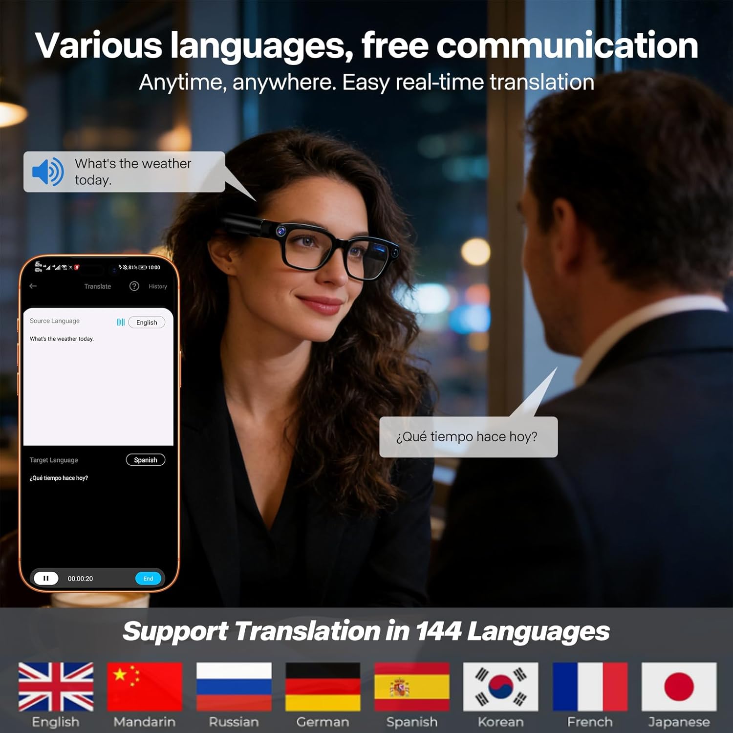 Ai Smart Glasses with Camera, 4K 8MP HD Photo and Video Recording with Real-Time Translation/Object Recognition/AI Voice Q&A/Recording, Calls and Music, UV & Blue Light Protection, Photochromic lens
