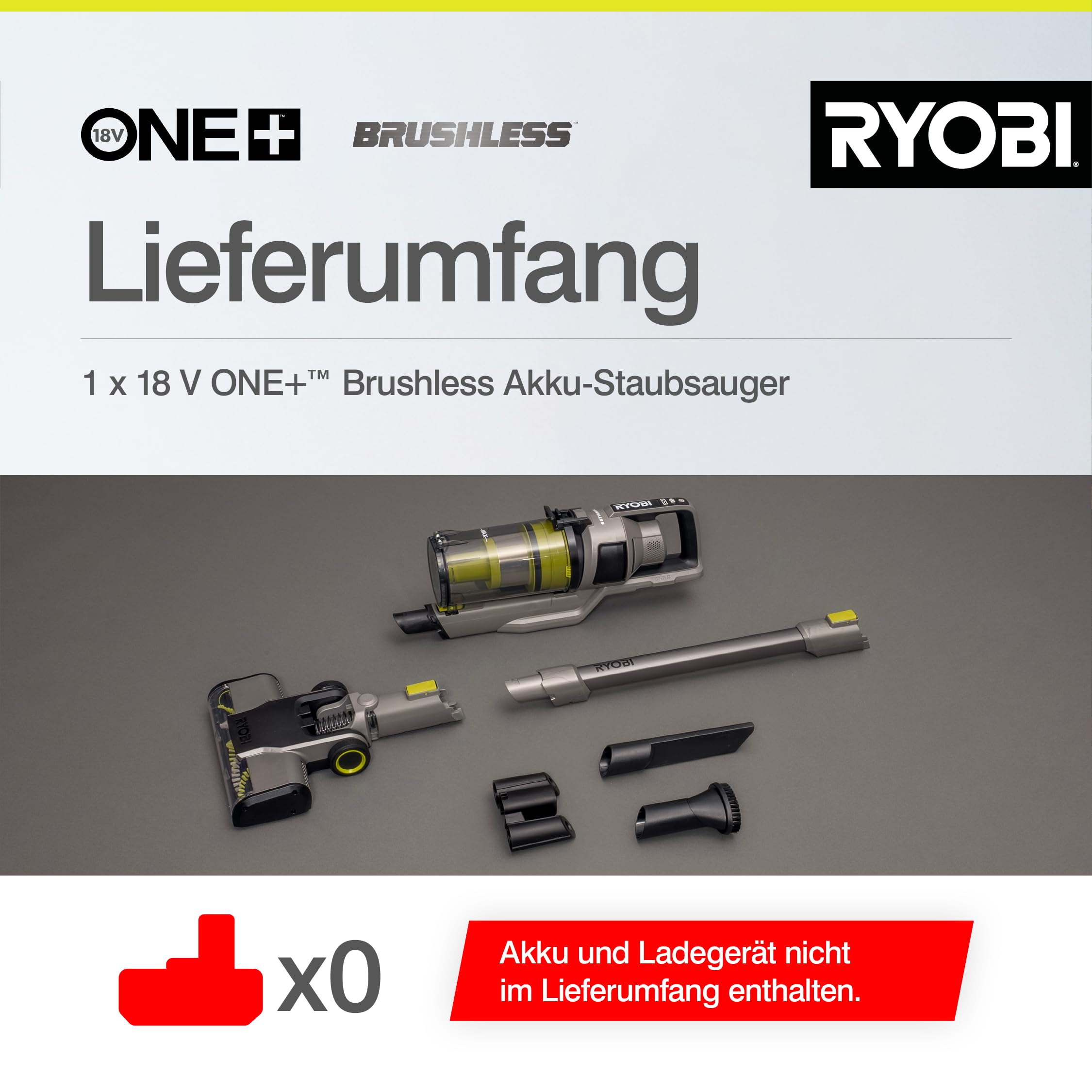 RYOBI 18 V ONE+ Brushless Akku-Staubsauger RSVS18BL-0, 90 AW Saugleistung, Dual-Zyklon-Filtration, HEPA-Filter, LED-Kopfbeleuchtung, ohne Akku und Ladegerät, Anthrazit