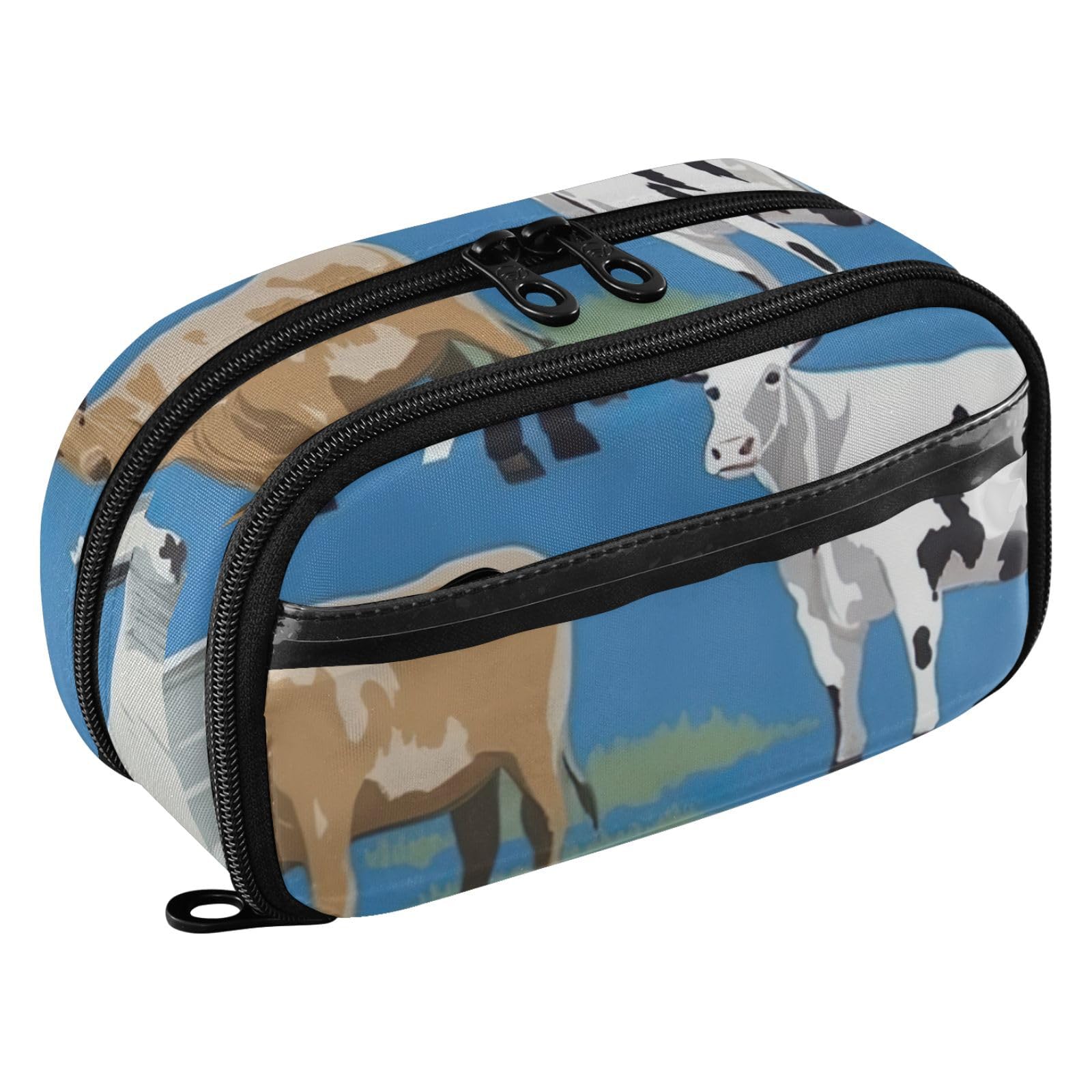RPLIFE Cute Cows Animals Blue Kids Pencil Case With Clear PVC Pocket Large Capacity Multi Compartment Stationery Organizer for School Supplies
